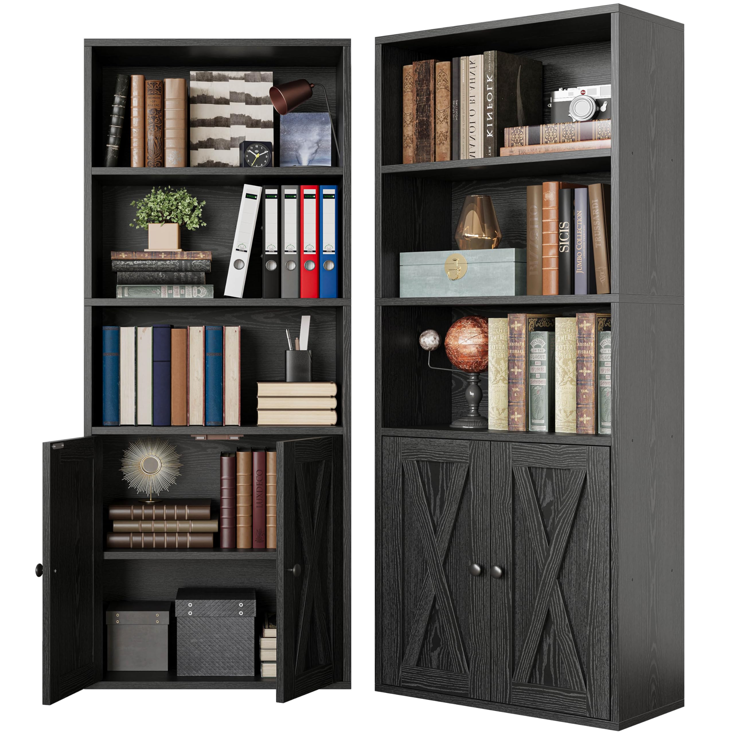 IRONCK Industrial Bookshelves and Bookcases with Doors 11.8 in Depth Set of 2 Floor Standing 5 Shelf Display Storage Shelves Bookcase Home Decor