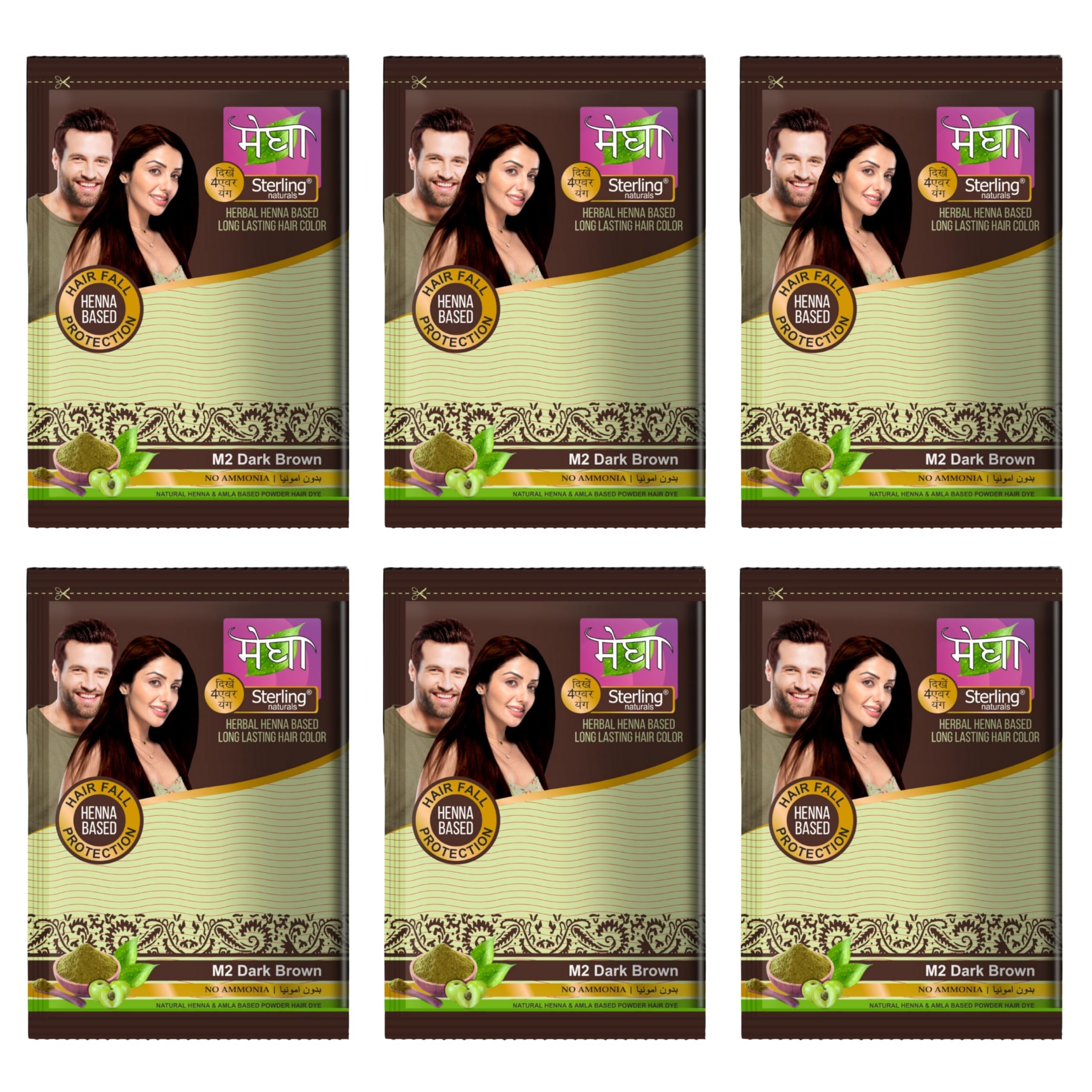 Sterling Naturals Megha Mehandi Hair Care Powder – Herbal Henna Based Long Lasting Hair Color Free Applicator Brush Inside (Pack Of 6, 15g) For Natural Henna & Amla Based Powder Hair Dye Solution | For Men & Women (Dark Brown)