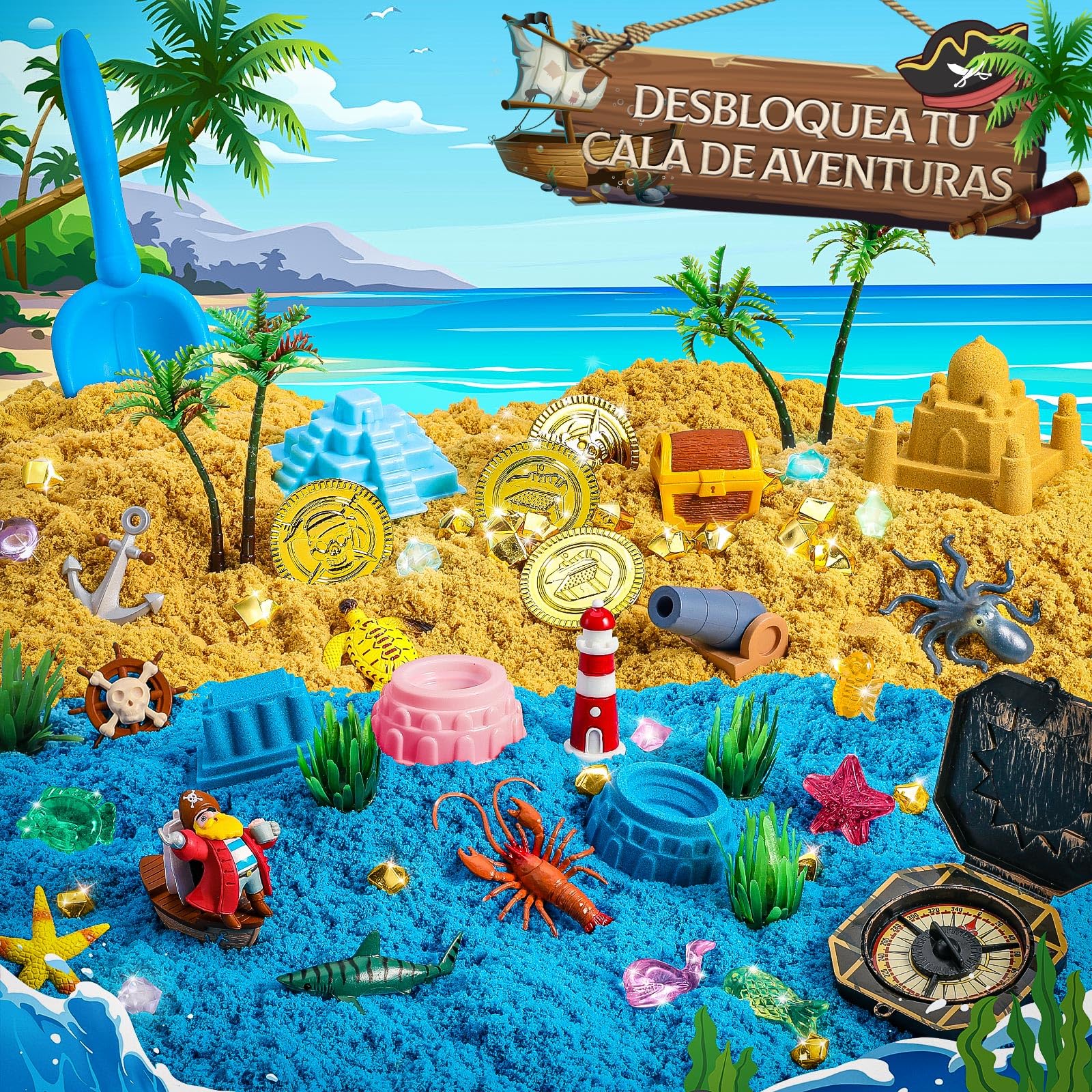 KNASON Pirata Tesoro Cofre Arena Juguete Magica,Arena Toy con Accesorios Piratas,1 KG de Sand y Gemas que Brillan en la Oscuridad,Juguetes Sensoriales Arenas para Niños 3 4 5 6 Años