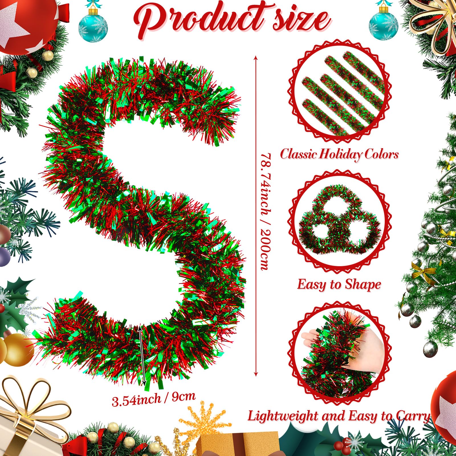 Cindeer 66 Feet/20 Meters Christmas Tinsel Garland Decoration Chunky Thick Garland Hanging Luxury Tinsel for Christmas Party Indoor and Outdoor Decor(Red - Image 2