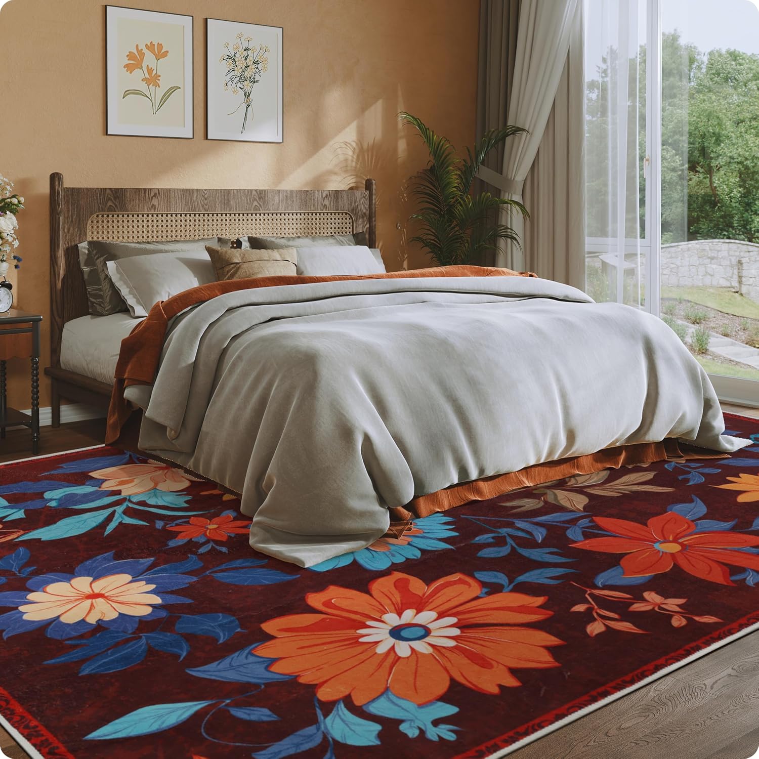 Floral Area Rug 6x9 - Non-Slip Washable Boho Rug Living Room Carpets - Soft & Stain Resistant Rug for Home Bedroom Dining Room Home Office Indoor Nursery Brown