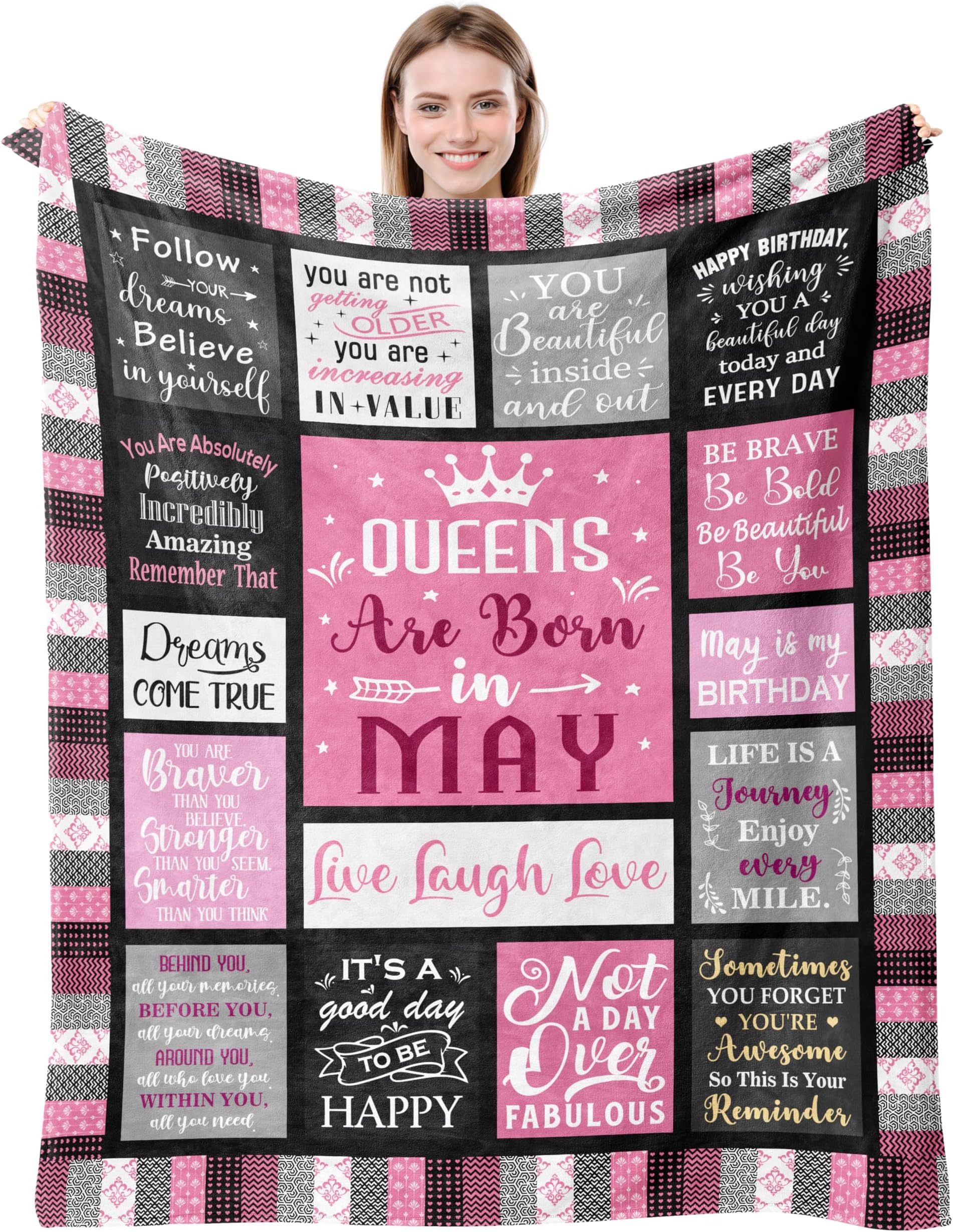 May Birthday Gifts for Women Blanket 50"X60", Queens are Born in May Birthday Decor, Taurus/Gemini Gifts for Girl Her Mom Sister Friend