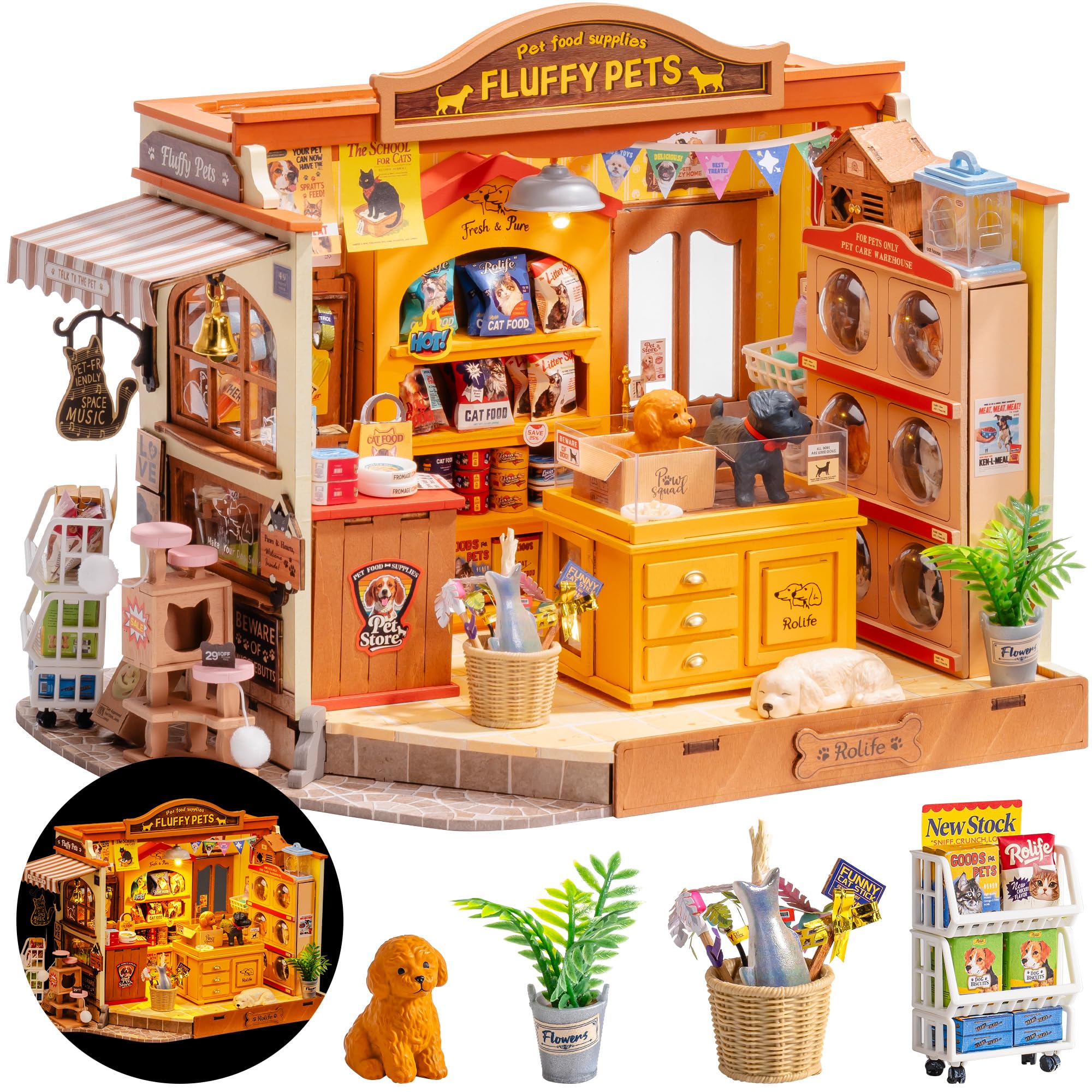 Rolife DIY Miniature House Fluffy Friends Store 397Pcs Wood Dollhouse Kit