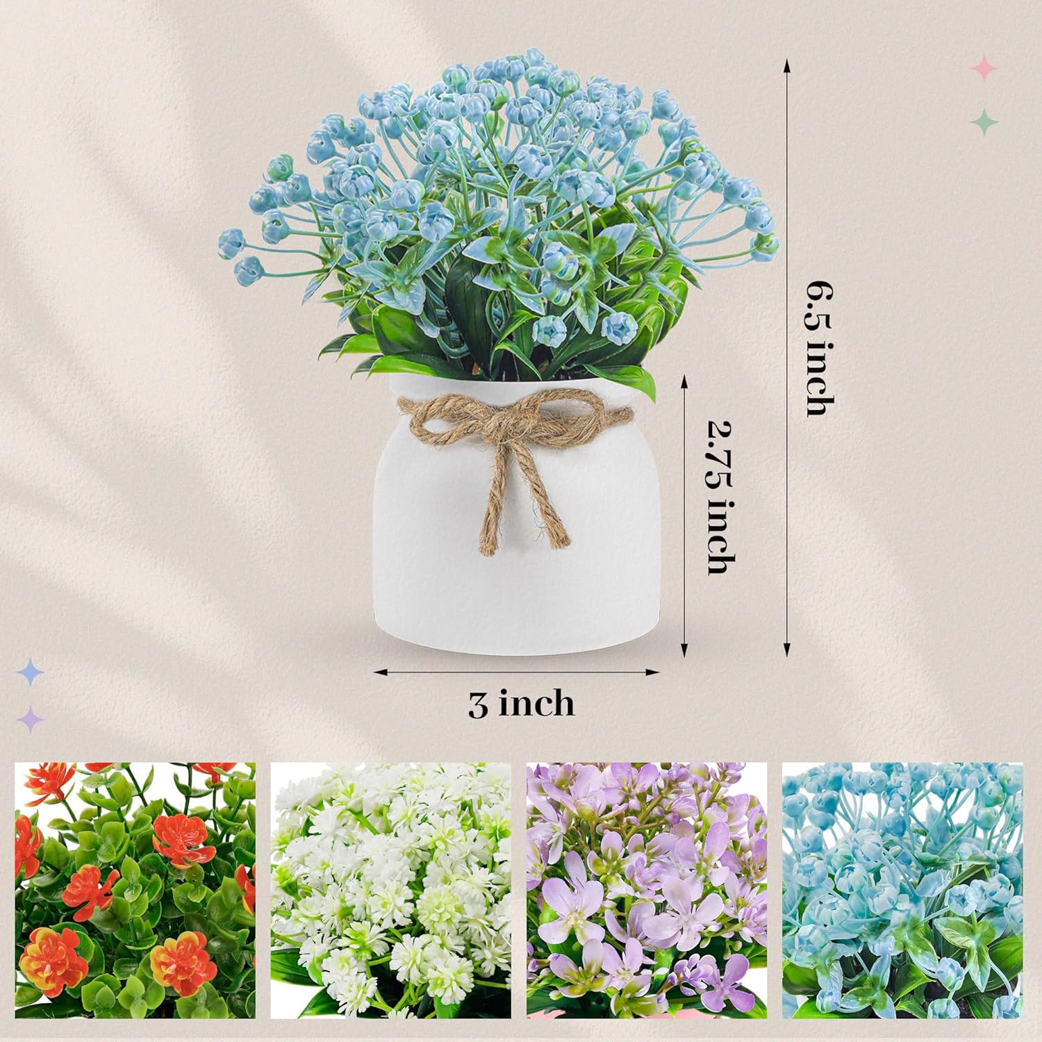 Der Rose Bundle of 4 Pack Fake Flowers and 2 Pack Small Fake Plants for Table Desk Home Bathroom Office Decor