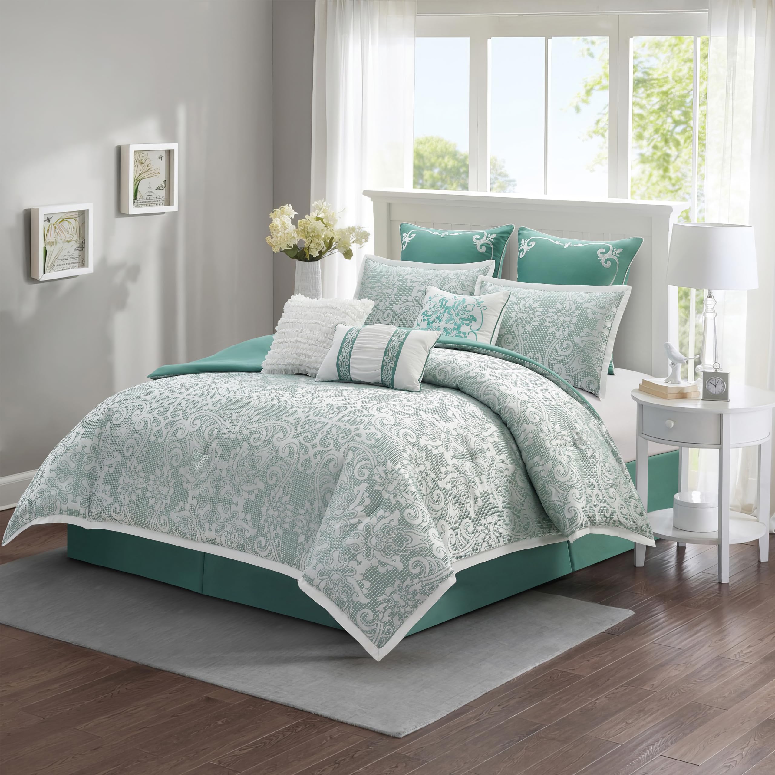 Stratford Park Damask 9 Piece Sage Comforter Set, California King Size, Jacquard Bedding, All Season Bedding Set Cozy Home Decor, Matching Bedskirt, Pillows & Shams