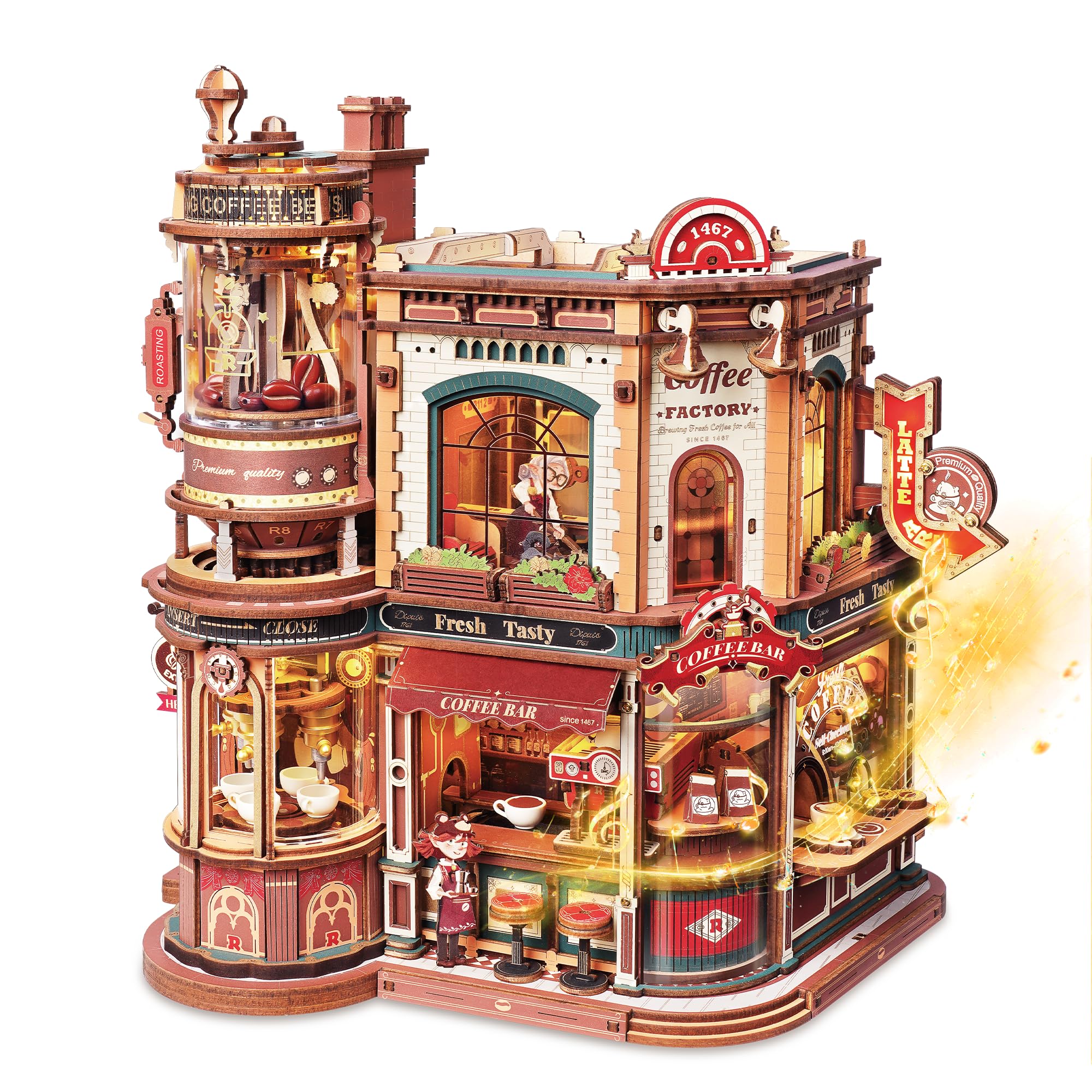 ROKR Puzzle 3D Madera Café en la Esquina,Maquetas para Construir Adultos,Regalos DIY Hechos a Mano para Adultos,Dream Coffee Factory,EAB02