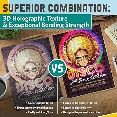 Miniatura 3 de Hojas laminadoras autoadhesivas texturizadas, acabado holográfico 3D, 9 x 11.5 pulgadas, 4 mil de grosor, 10 bolsas de laminación táctiles
