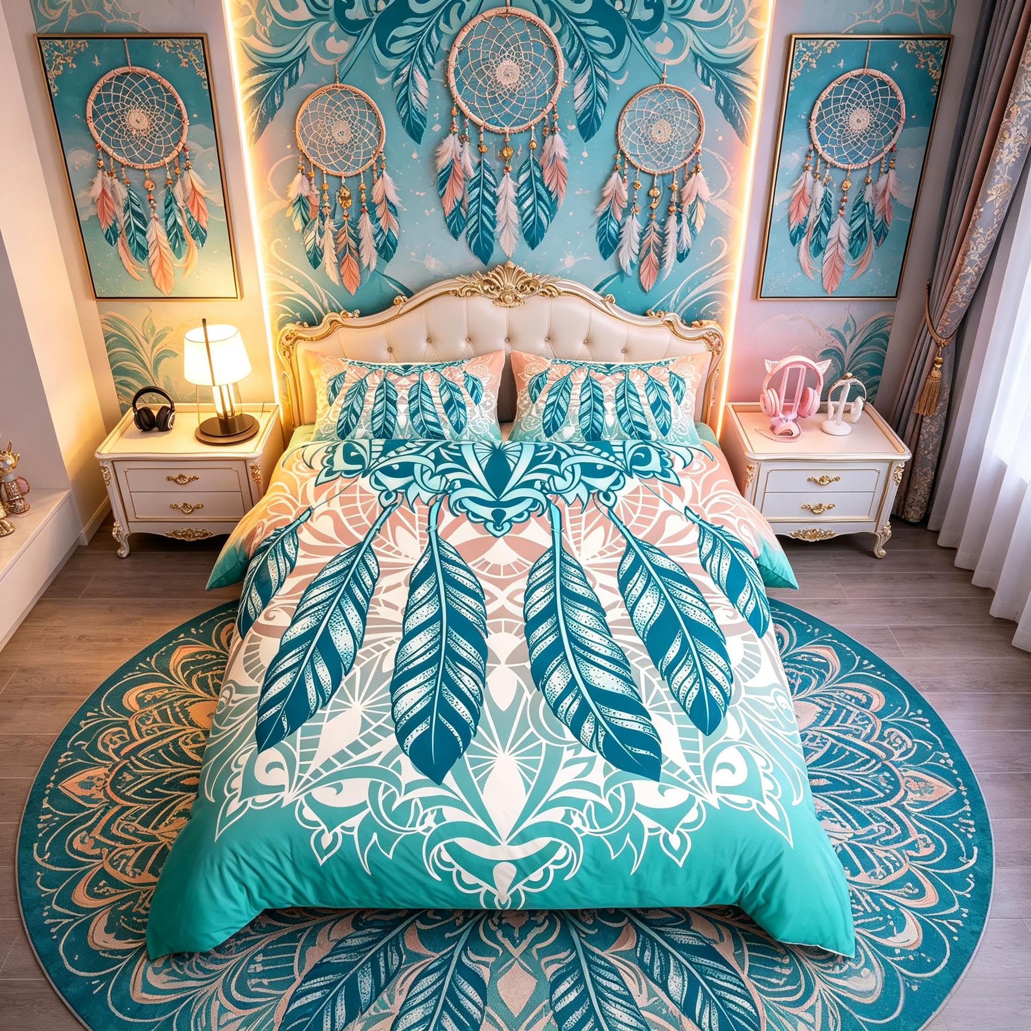 Homemissing Ethnic Mandala Duvet Cover Dreamcatcher Bedding Set for Kids Boys Girls Teens Bohemian Style Comforter Cover Indian Hippie Feather Bedding & Linen 3Pcs Zipper Super King