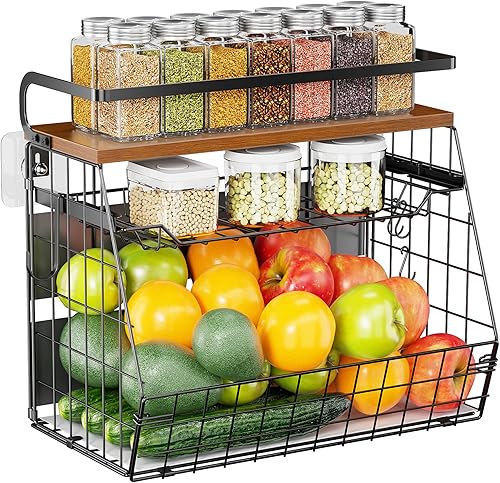 Delamu Estante magnético para refrigerador con tapa de madera, cesta de frutas extraíble de 3 niveles, organizadores de despensa para refrigerador,