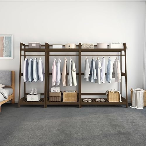 Miniatura 7 de IOTXY Perchero de madera abierta  Perchero independiente de madera maciza con estantes de almacenamiento y barra para colgar ropa, gran estantería