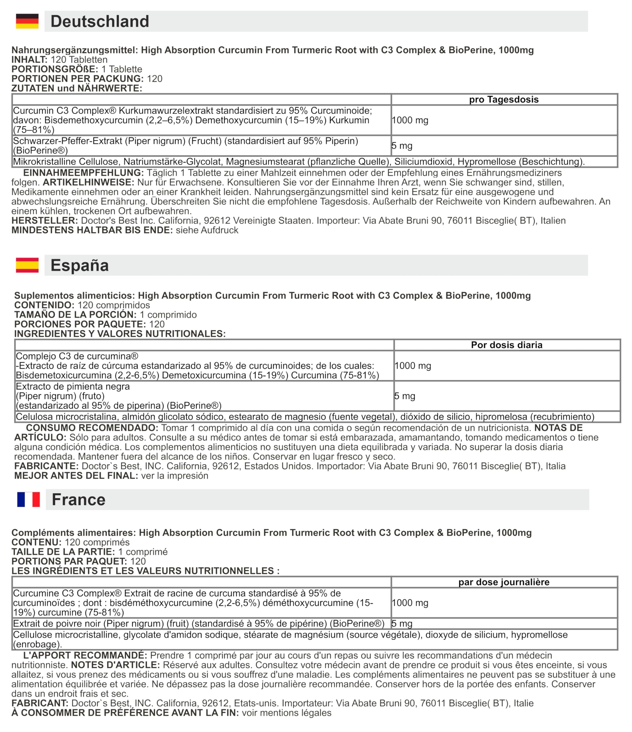 Doctor's Best - Hochabsorbierbares Curcumin aus Kurkuma mit C3-Komplex & BioPerine, 1000mg | Entzündungshemmende Unterstützung - 120 Tabletten