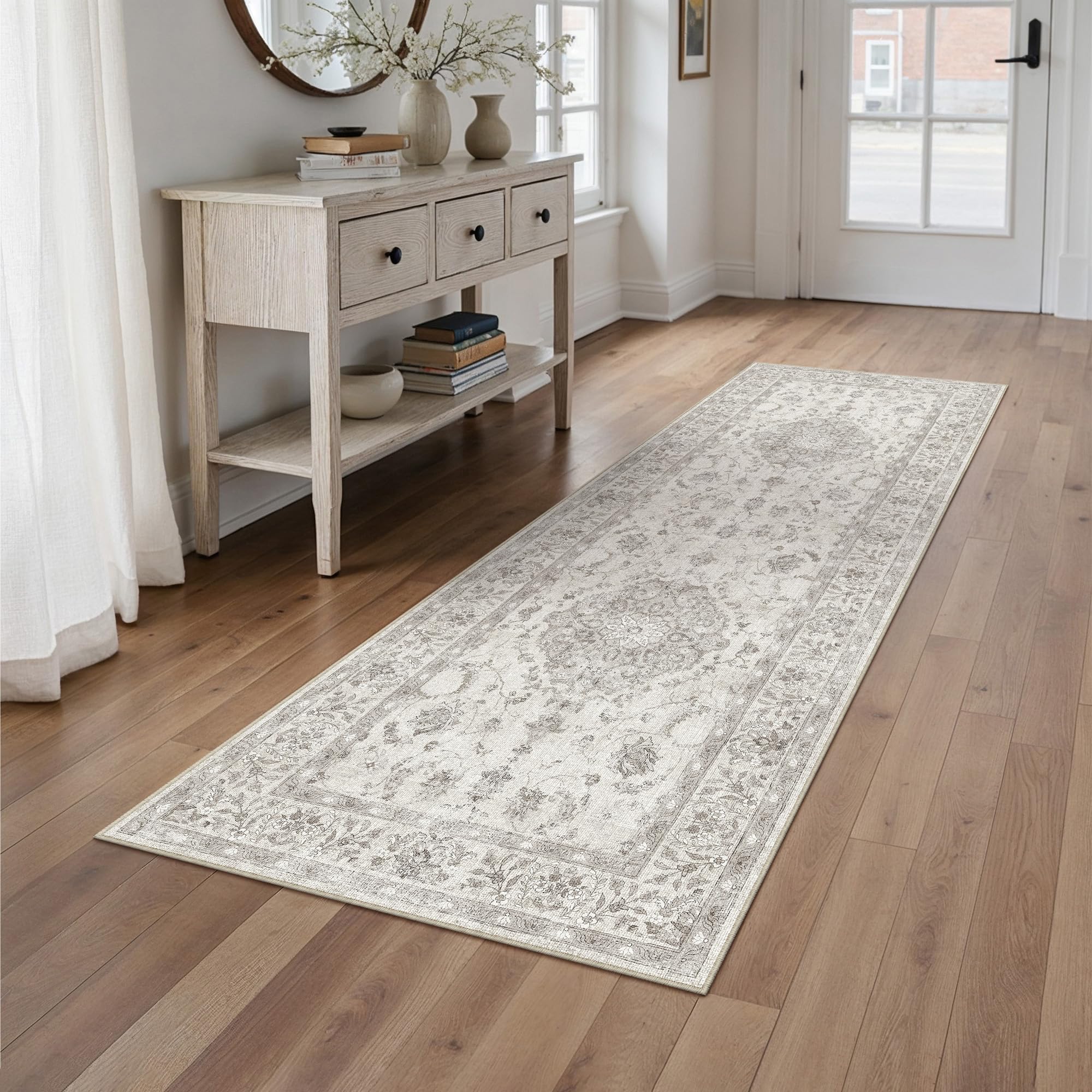 PureCozy Grau LäUfer Flur Vintage Teppich 60x180cm kurzflor rutschfest Weich Waschbarer Böhmischen Teppiche für Küchen Hallway Retroteppiche Bettvorleger Büro Wohnzimmer Schlafzimmer
