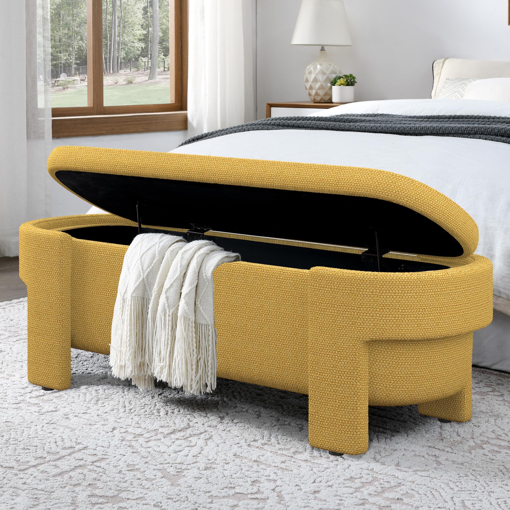 Polibi Linen Fabric Upholstered Bench with Large Storage Space and Safety Hinged Lid,End of Bed Storage Ottoman for The Living Room, Entryway and Bedroom,Yellow(51.5''x20.5''x17'')