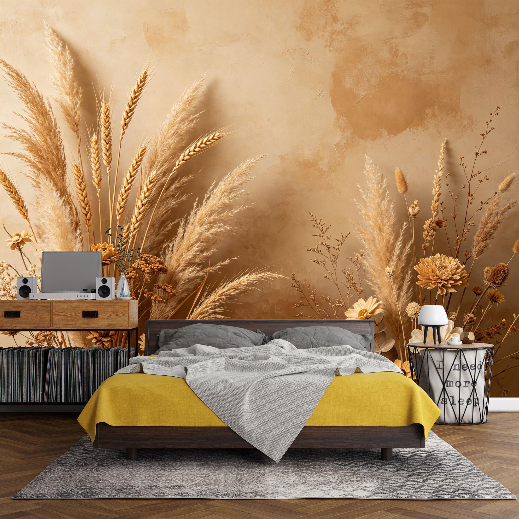 Custom Size Wall Mural， Botanical Dried Pampas Grasses Beige Floral Arrangement，SelfAdhesive Art Prints wall Fabric (No PVC) Removable Wallpaper Living Room Decor