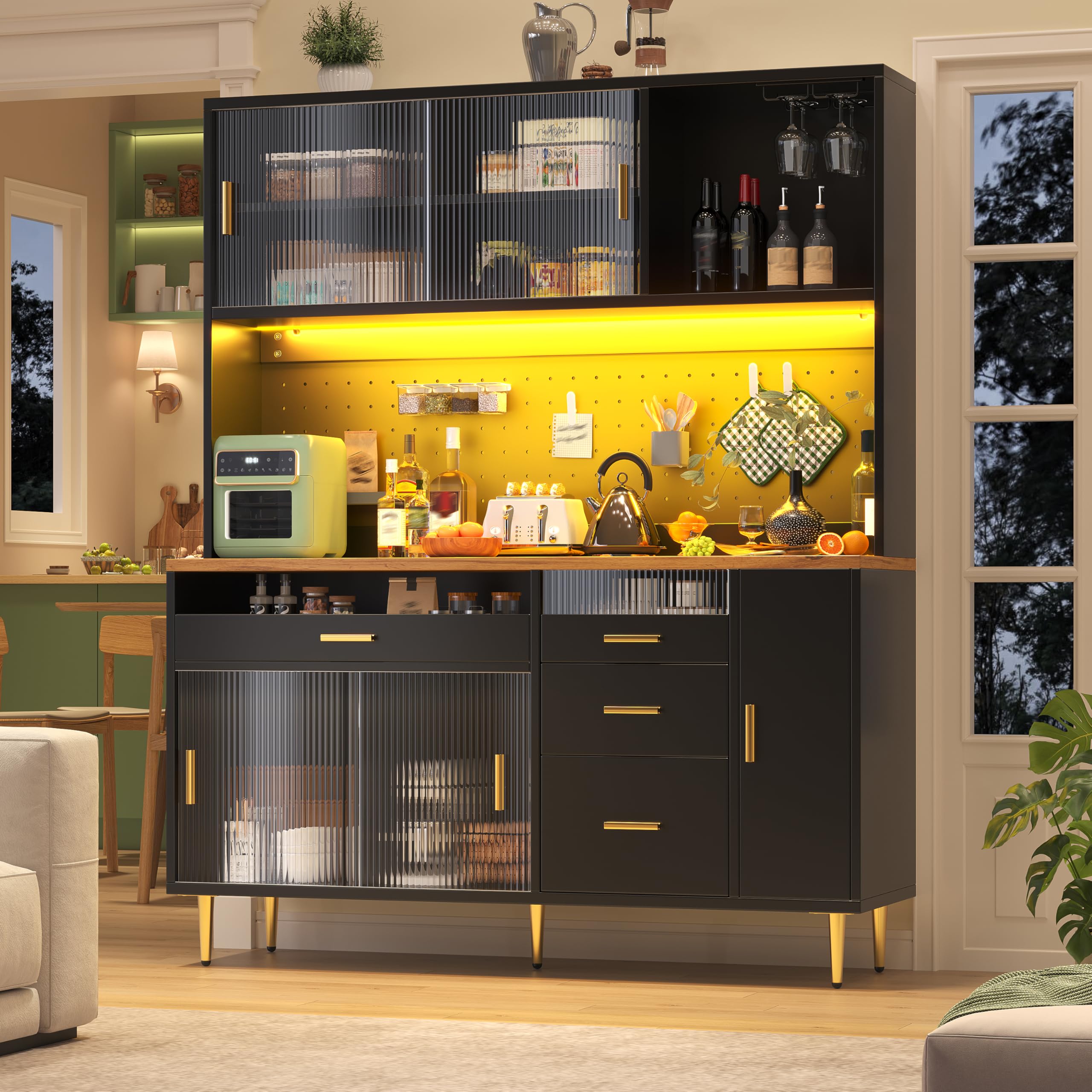 Armadio alto per soggiorno (145 × 39 × 171 cm), armadio da cucina, armadio alto con ripiani a parete forati (nero)