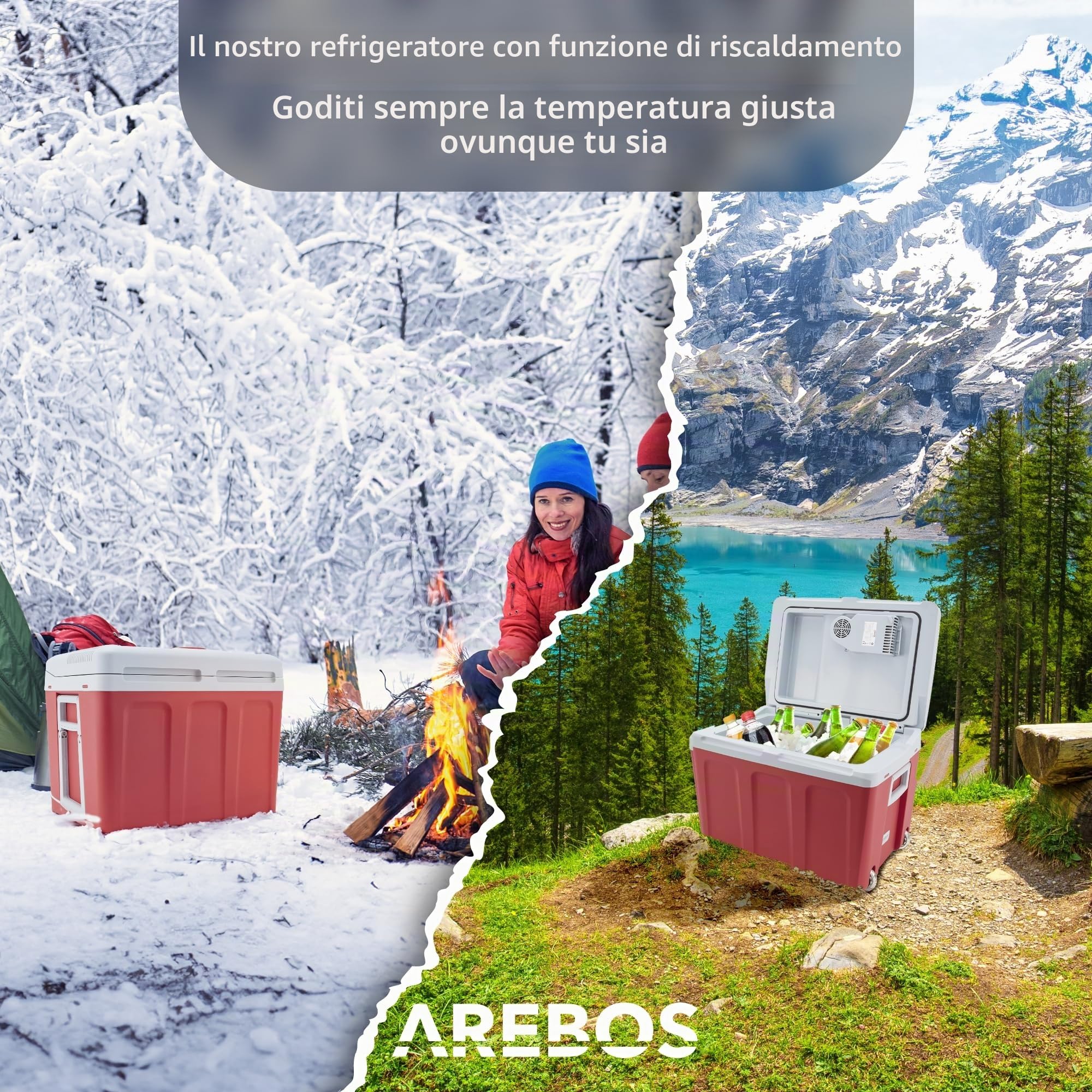 AREBOS Borsa frigo da 40 Litri | per Raffreddare e Mantenere al Caldo | Mini Frigo per Auto, Camion, Barca e Camper | con modalità Eco |12/230 V e Presa | Frigoriferi Portatile Elettrico | Rosso