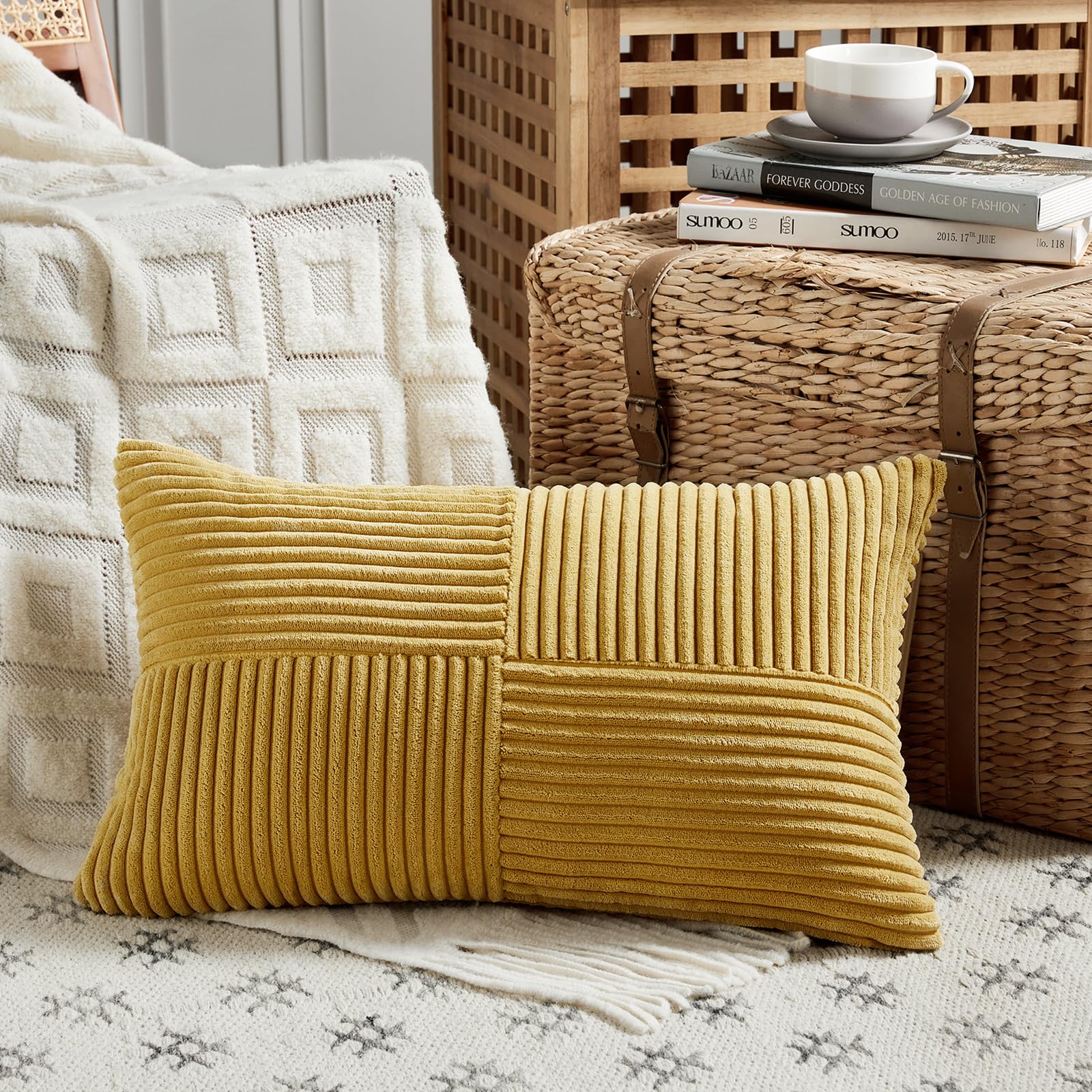 FDTERN Mustard Yellow Lumbar Decorative Throw Pillow Covers 16x28 Inch for Living Room Couch Bed, Rustic Farmhouse Boho Home Decor, Soft Striped Corduroy Rectangle Accent Cushion Covers — image 1