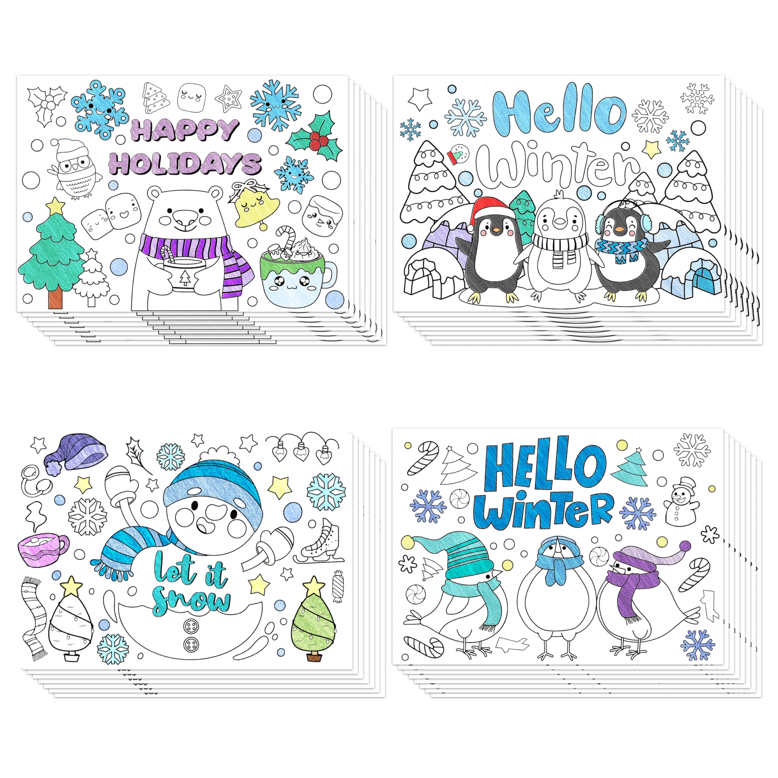 ANGOLIO Hello Winter Scene Coloring Pages - 32Pcs Christmas Coloring Pages for Kids Bulk Snowman Polar Bear Penguin Coloring Poster for Kids Winter