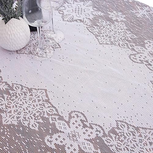Miniatura 2 de mookaitedeocr - Mantel de encaje de poliéster de 69 a 70 pulgadas, cubierta de mesa redonda de copos de nieve blancos para Navidad, Acción de