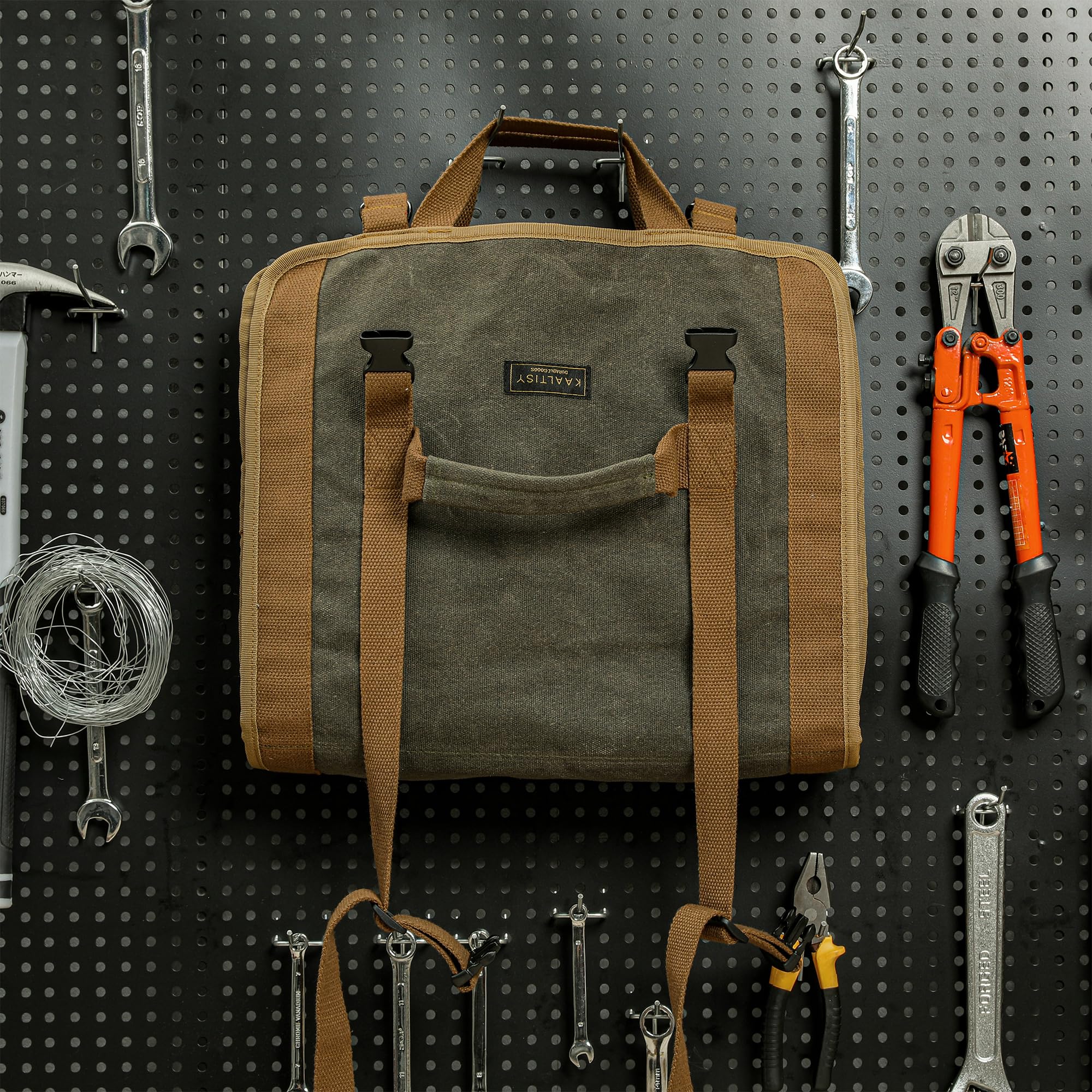 Borsa per attrezzi, robusta tela cerata da 16 oz con 4 tasche + 12 scomparti + maniglia per il trasporto, contenitore compatto per utensili manuali, 70 x 35 cm, verde militare