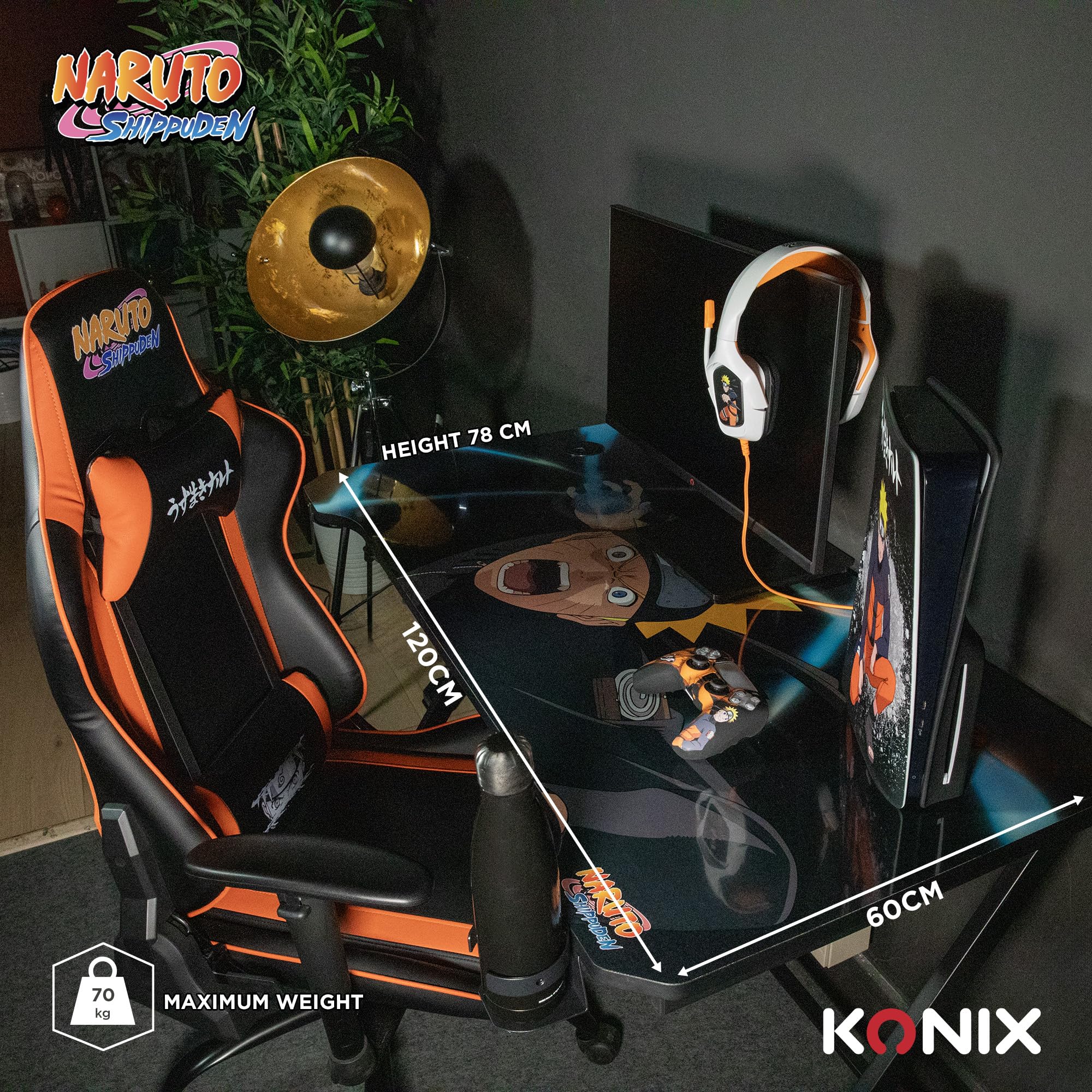 Konix Naruto Shippuden Bureau Gaming 121 x 69 x 76 cm en Forme de Y - Table en Bois et métal - Porte-gobelet - Support Casque - Motif Naruto Rasengan
