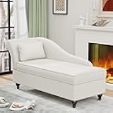 Yongqiang Storage Chaise Lounge Indoor, Linen Upholstered Chaise Lounge Chair with Storage for Bedroom Living Room Office Beige Fabric (Left Armrest)