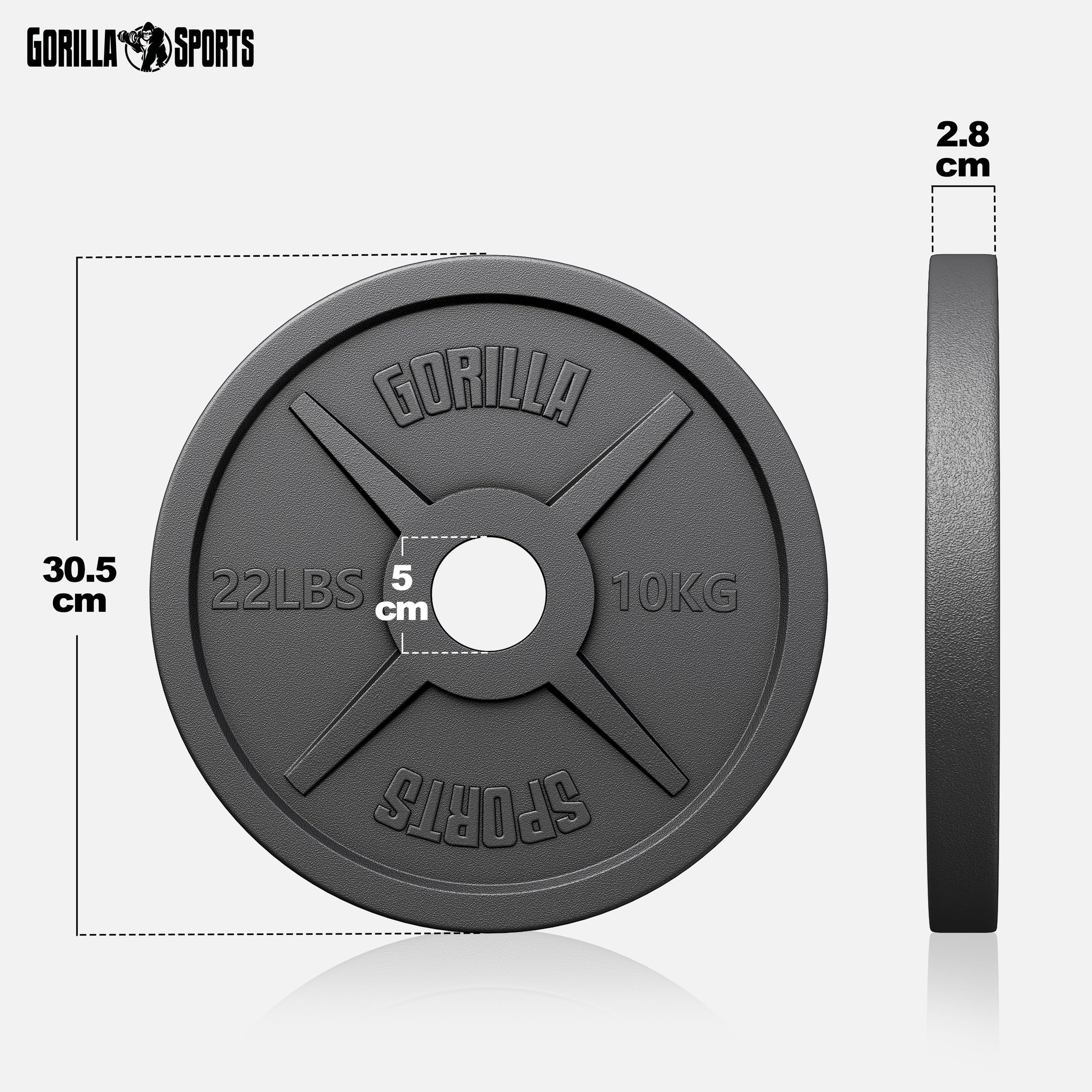 Gorilla Sports® Poids Musculation - Jeu de Disque Olympique 30 kg, Ø 50/51 mm, Disque en Fonte, Bords Arrondis - Haltere Musculation, Sport Maison, Accessoire