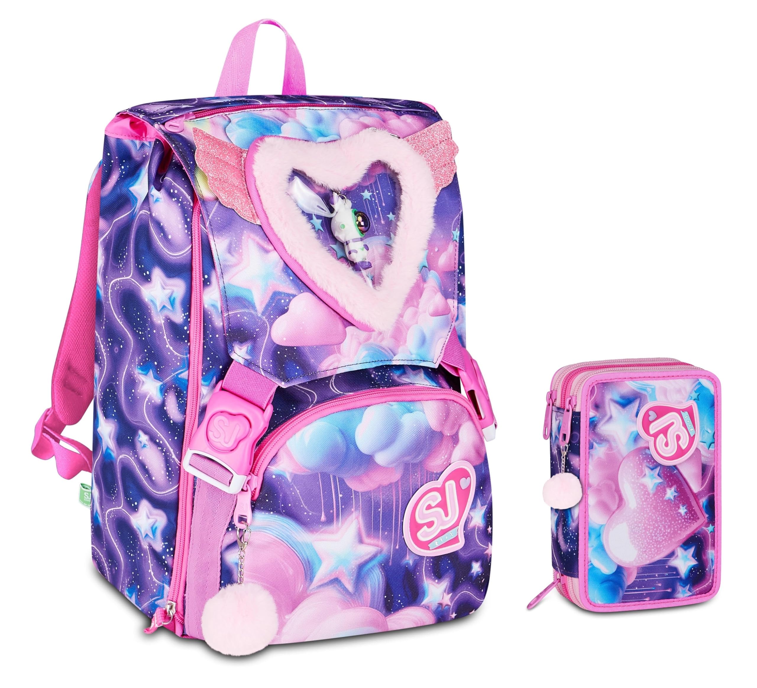 Rucksack Grundschule Sj Girl Fluffy Pink Girl Astronaut des Herzens erweiterbar By Seven für Mädchen + Federmäppchen 3 Ebenen