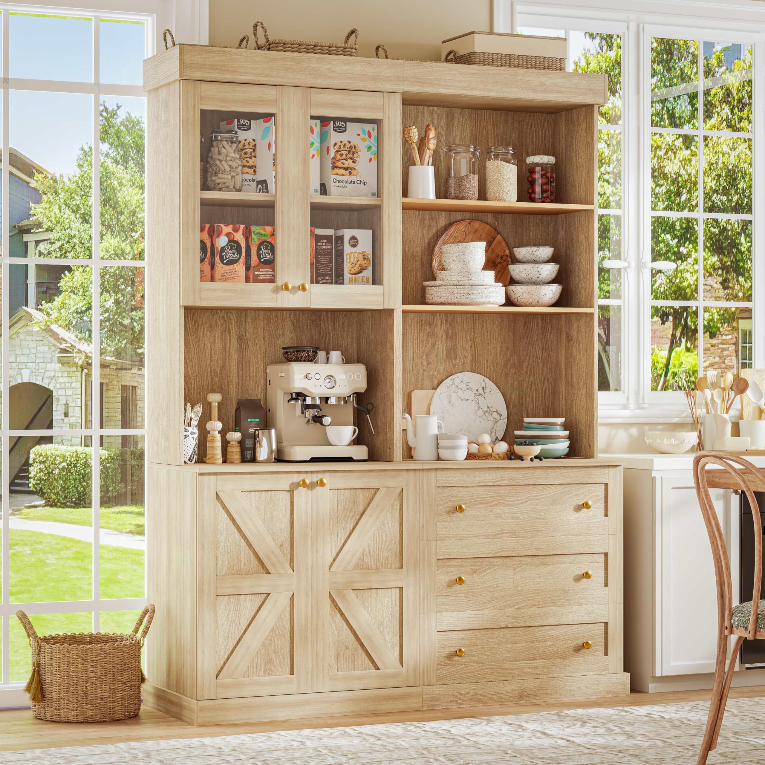 71" Tall Farmhouse Kitchen Pantry, Large Storage Cabinet with Glass Doors and Drawers, Freestanding Coffee Bar Hutch with Microwave Stand, Adjustable