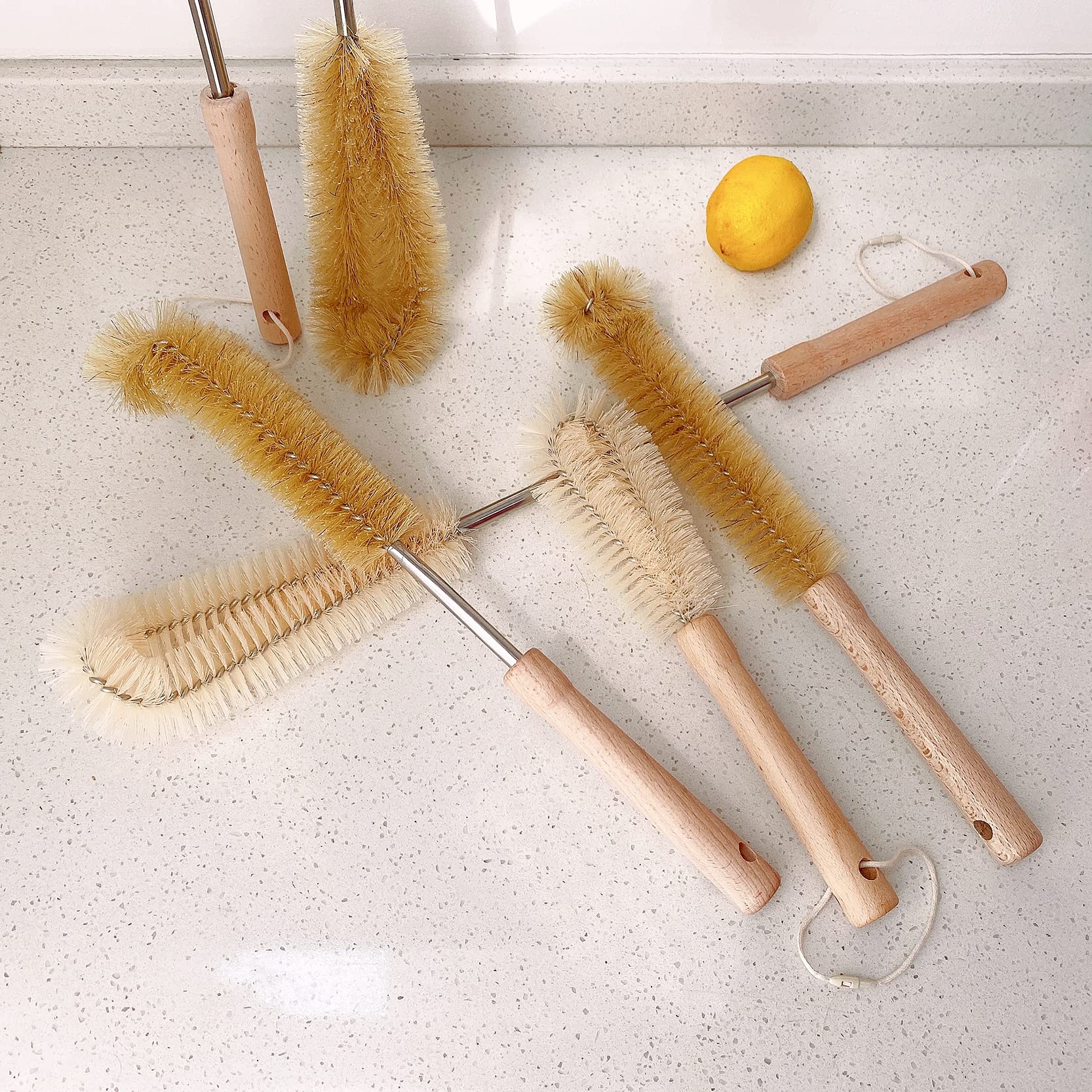 UPTALY Spazzola con manico lungo 61 cm per la pulizia (3 pennelli con setole), spazzola per lavaggio a gomito con manico in legno, extra lunga, con asta in acciaio inox allungata