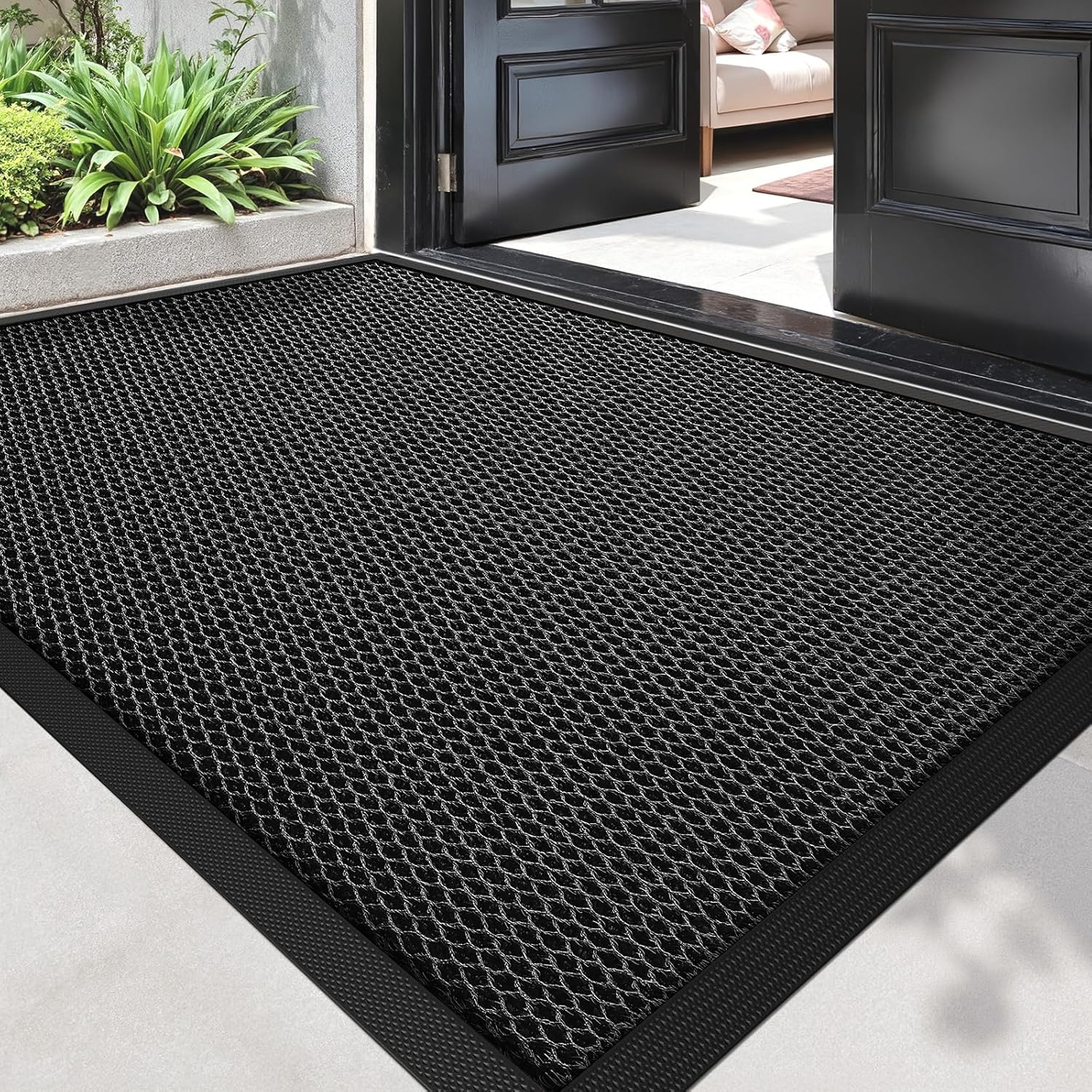 Front Door Mat Outside Entrance 59"x36", TPE Heavy Duty Sturdy High Elastic Mats for Indoor Outdoor, 10mm Thick Hollow Design, Waterproof Non-Slip Rubber Rug for Entryway, Balcony, Porch