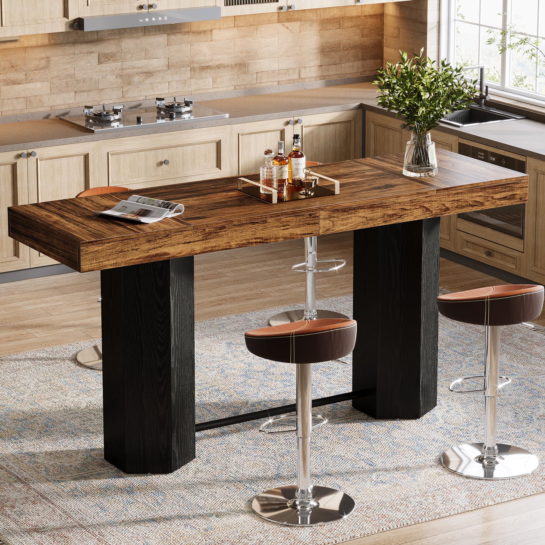 Photo 1 of Tribesigns 70.9" Extra Long Bar Table, Industrial Counter Height Table, Rectangular Bar Height Tables with Metal Footrest for Kitchen Dining Room, Living Room, Pub (Rustic Brown & Black)