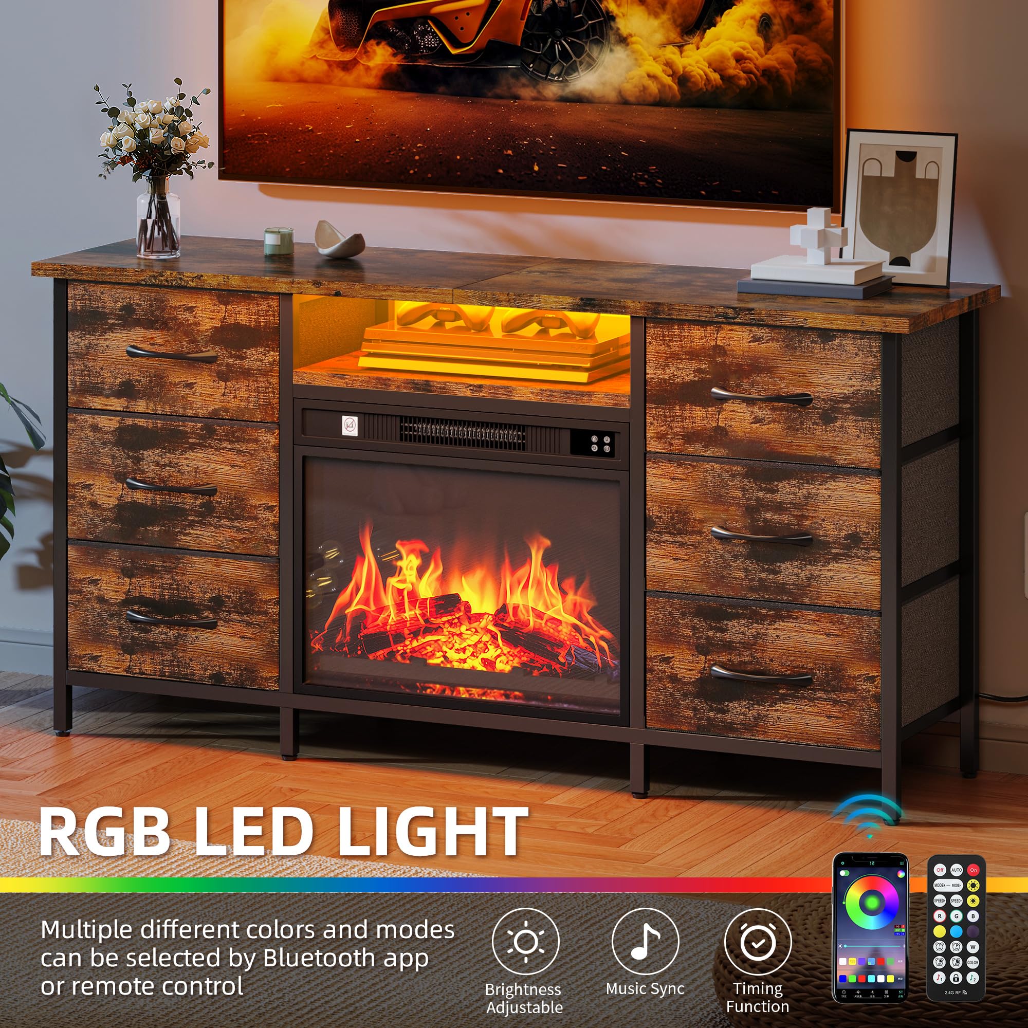 YITAHOME Mueble de TV con Chimenea Electrica, Cajones y LED para Televisiones 45-55", Marron