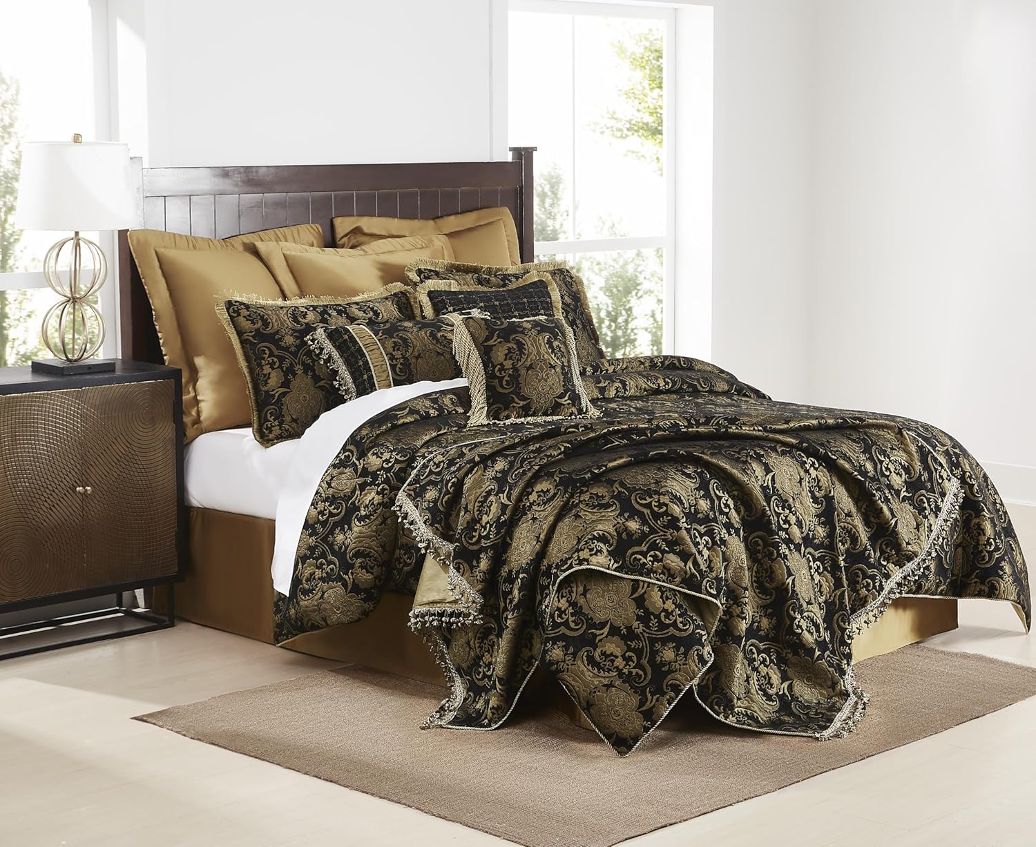 Austin Horn Classics 20” x 20” Chenille Jacquard Decorative Pillow - Black & Gold Accent Cushion with Contrast Brush Fringe Edge, Polyester Fiber Filled, Spot Clean Only