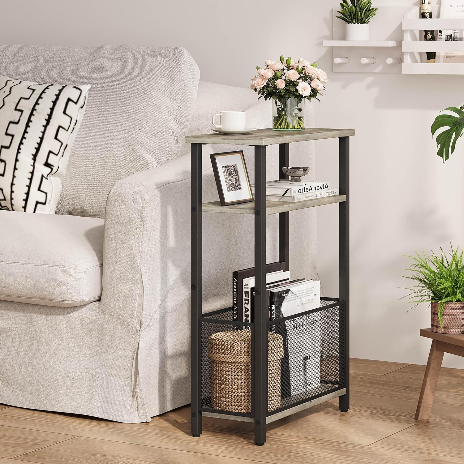 MMEOLUOOK Narrow Side Table with Storage Basket Skinny End Tables for Smalls Spaces 3 Tier Sofa Table Small Nightstand Slim Bedside Table for Living Room Bedroom Oak MLBZ22Q