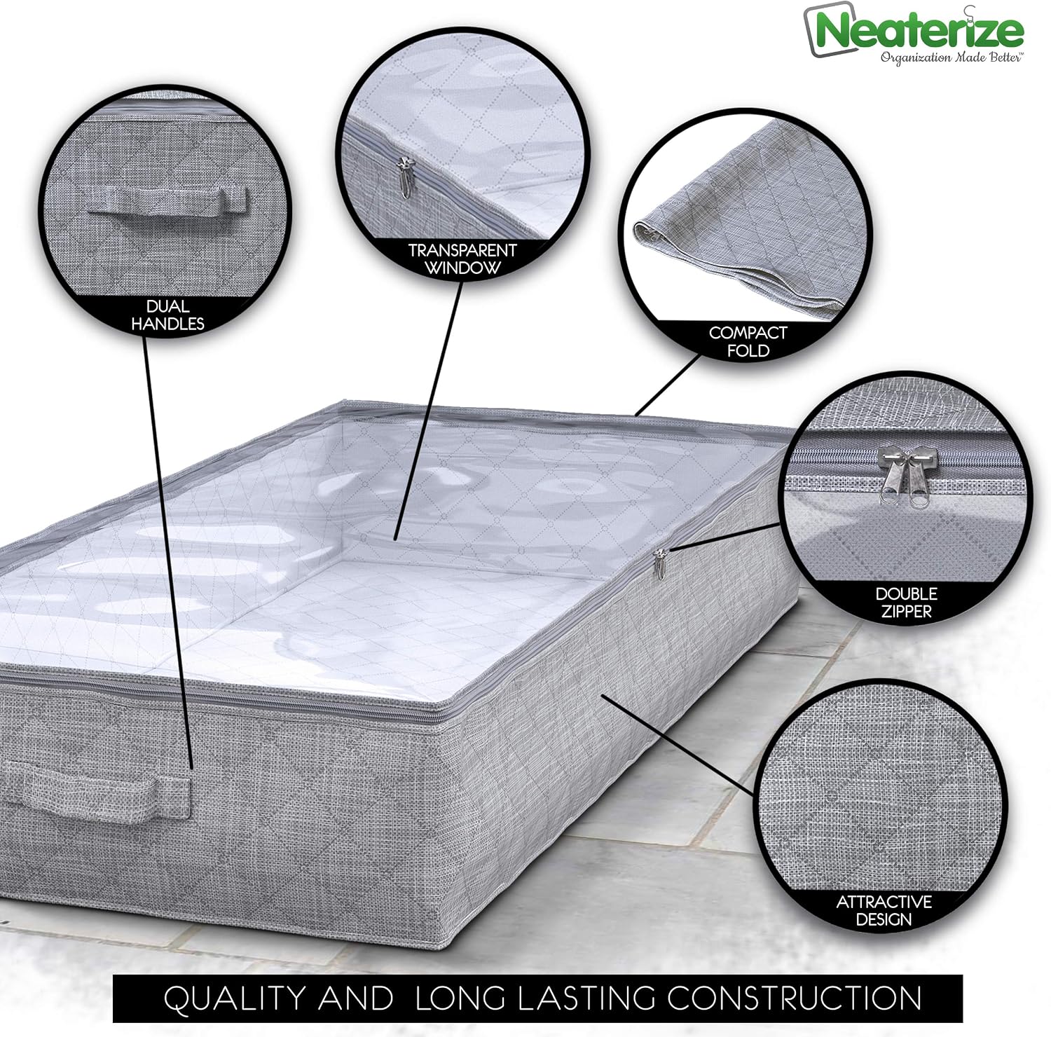NEATERIZE Storage Box, Large Under Bed Storage Bags, 2-Pack Clothing Organizer, Ultra Thick Fabric, Reinforced Handles & Zipper, Stackable Containers for Bedroom, 42’’ x 18’’ x 6’’, Grey