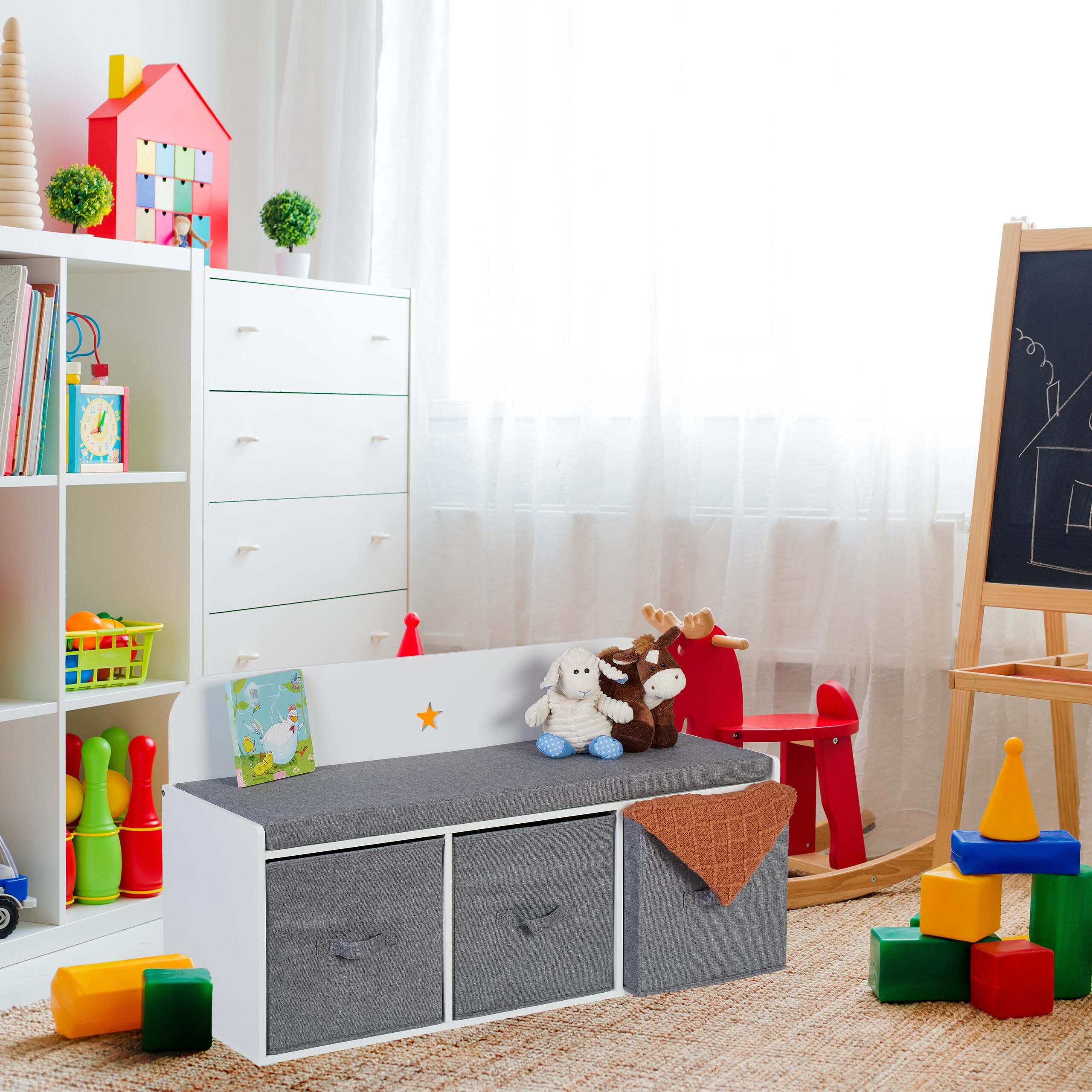 Relaxdays Banc avec Rangement pour Enfants, HxLxP : 54 x 99 x 35 cm, Chambre et Couloir, Banc rembourré, Blanc - Gris