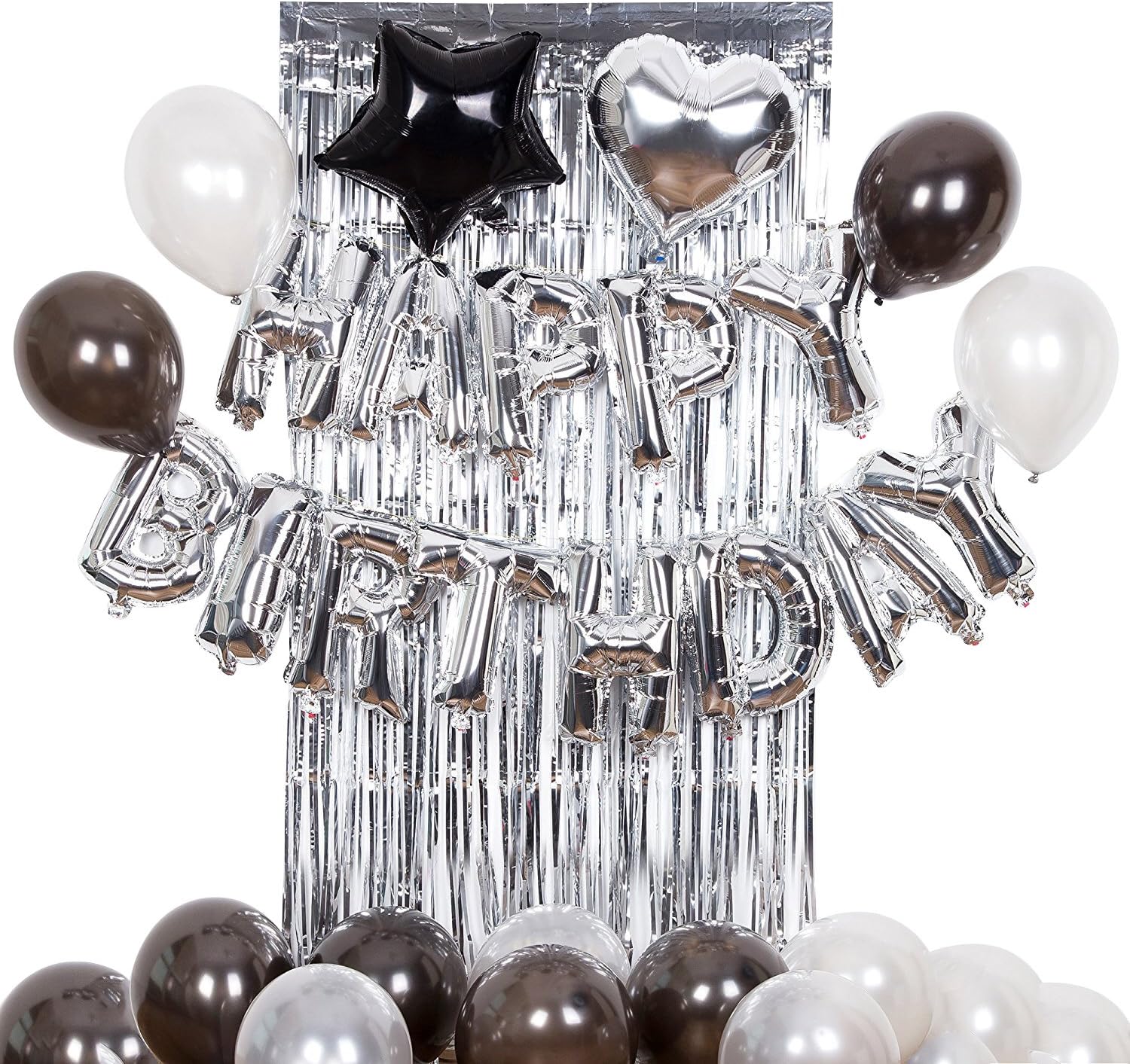 Silver Happy Birthday Alphabet Balloon Banner for Birthday Party Decoration Black and Silver Brilliant Foil Balloons Balloons, Metallic Tinsel Foil Fringe Curtains