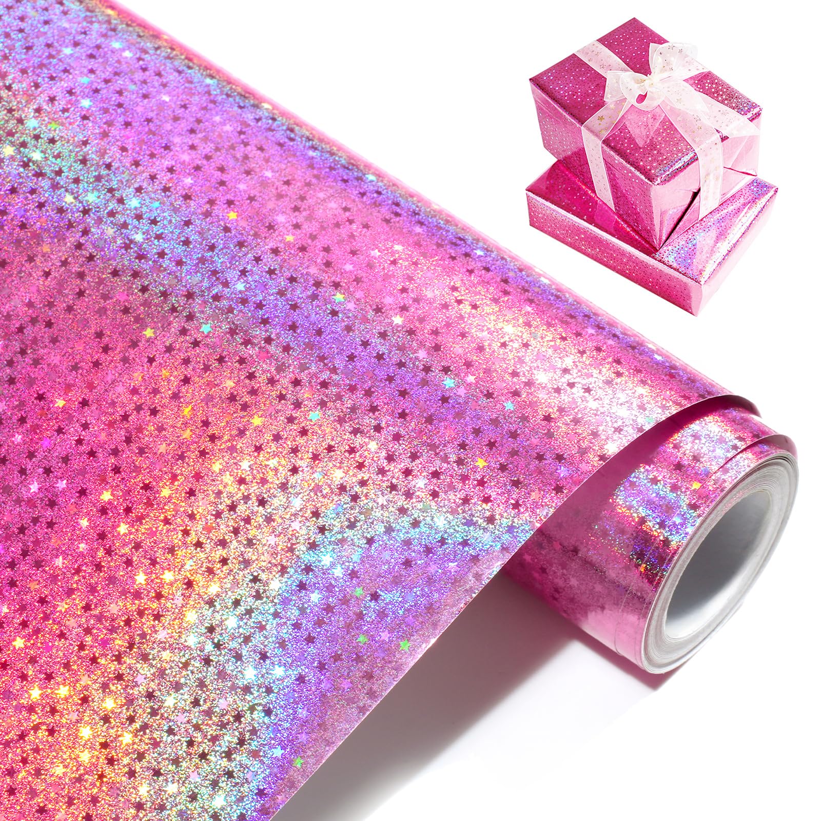 Pink Holographic Wrapping Paper, Metallic Glitter Star Gift Wrap Paper Roll for Birthday, Wedding, Valentine's Day, Baby Shower, Christmas - 43cm x 10m