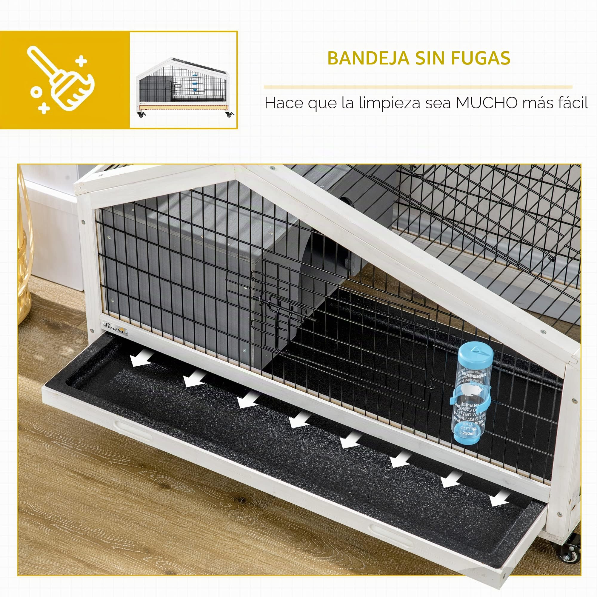 PawHut Rabbit Hutch, Guinea Pig Cage, Small Animal House Bunny Run w/Water Bottle, Wheels, Plastic Slide-out Tray, for Indoors - Dark Grey