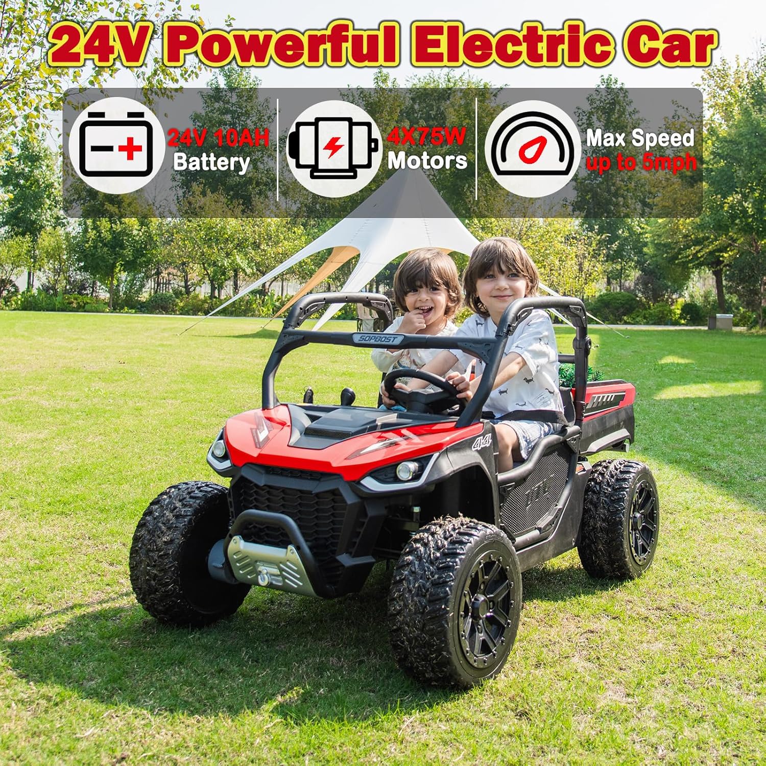 XL 24V 4WD Kids Electric Car Side by Side UTV Ride On Dump Truck with Electric Dump Bed, 2 Seater Ride on Toys Car with Remote Control, EVA Tires, Rear Shock Absorbor, 4x75W Motors, Shovel, Music, Red