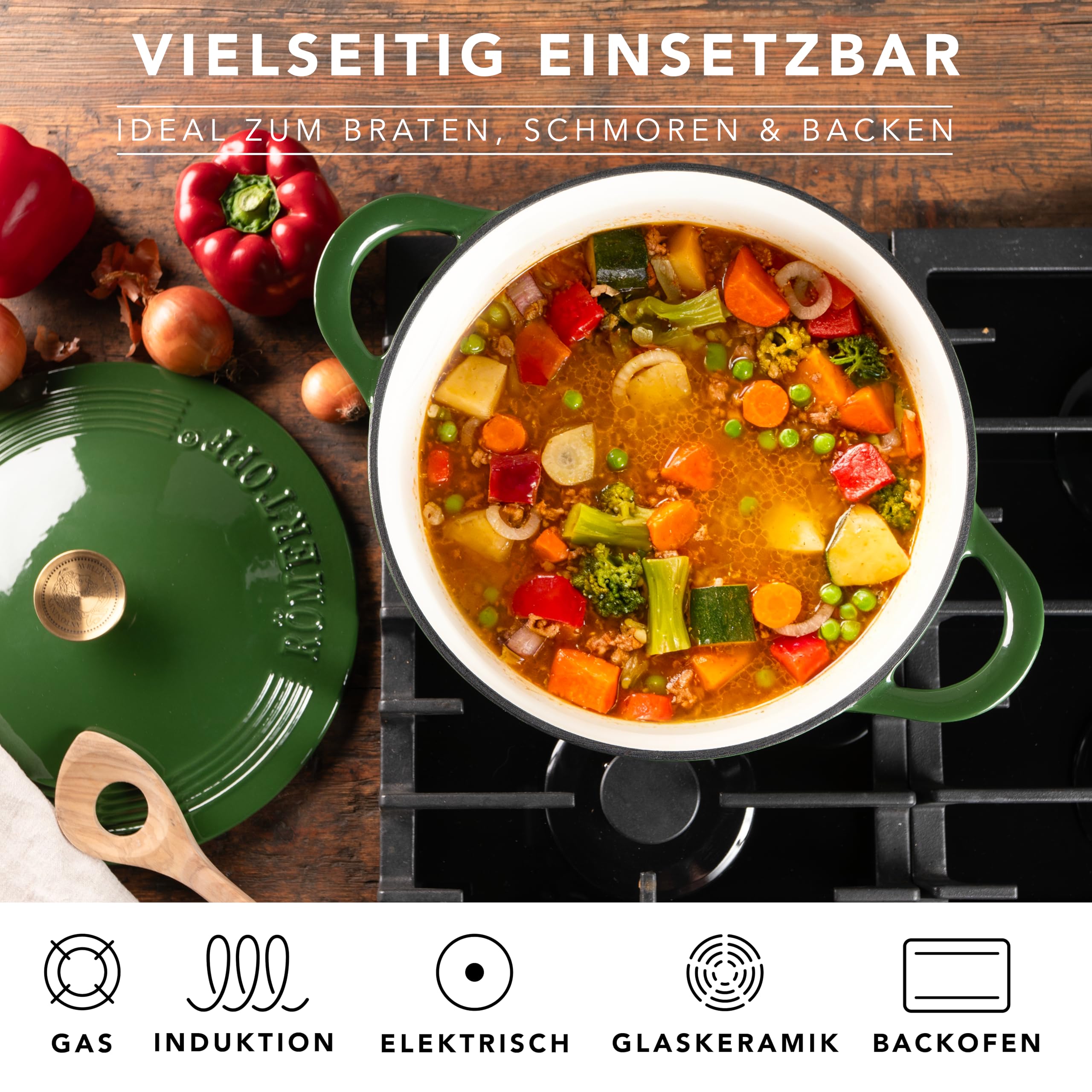 Römertopf Gusseisen Topf mit Deckel 28 cm – Bräter & Schmortopf emailliert, Dutch Oven für alle Herdarten inkl. Induktion, backofenfest bis 250 °C, PFAS-frei – Grün