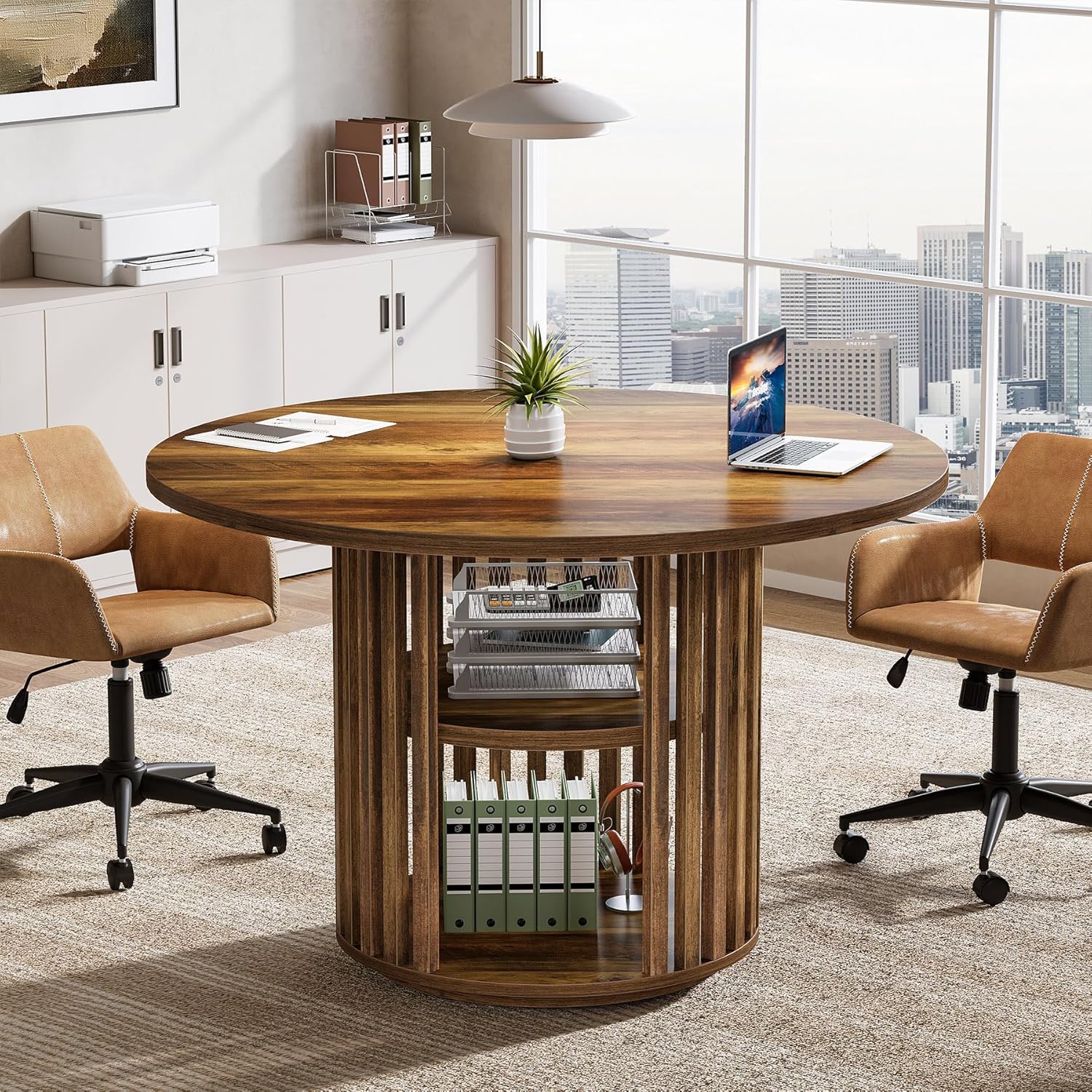 Tribesigns 47-Inch Round Conference Table for 4, Wooden Small Meeting Room Table with Storage Shelf and Solid Wood Base for Office, Conference Room, Brown