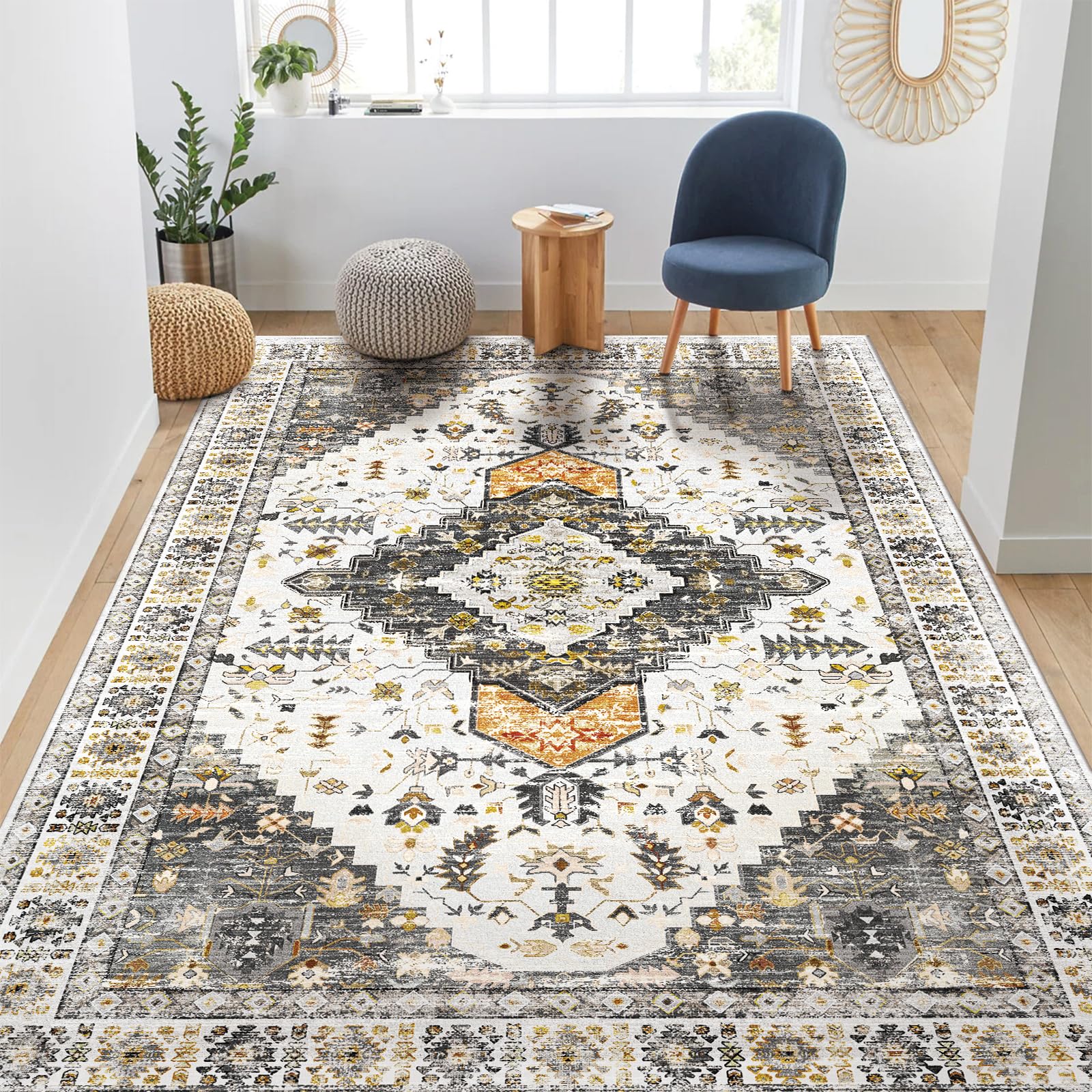 Area Rugs 8x10 Living Room Vintage 8x10 Area Rug Machine Washable Rug Carpet Bohemian Rugs Distressed Area Rug for Living Room Bedroom Indoor Non Slip No Pile Grey Brown