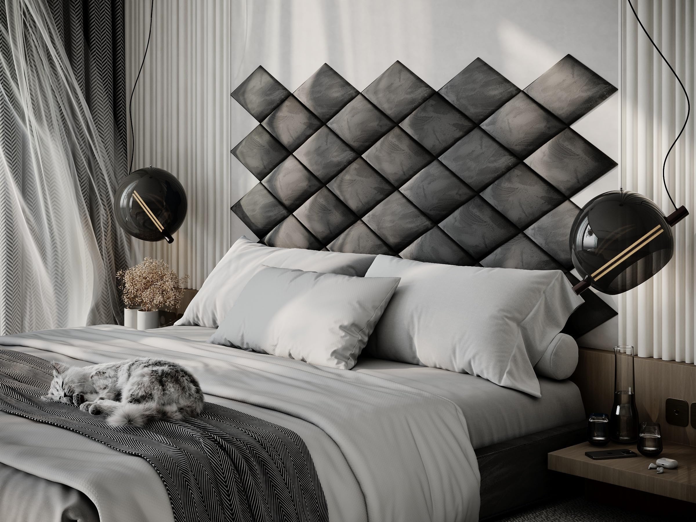 ua acoustics Upholstered Decorative Wall Panels Velvet Headboard Padding | Cushioned Planks | Padded Decor Collision Avoidance | Acoustic Soundproofing Treatment | (Grey, 2x Rhombus (25x43cm))