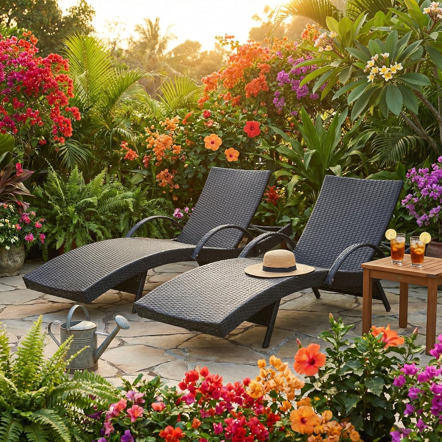 OVENTA Outdoor Wicker Patio Chaise Lounge Chair Set of 4, Black Rattan Pool Furniture Lounger for Outside Poolside Lounges, Jumbo Co Chaise Lounge Chairs, Wicker Patio Pool Furniture