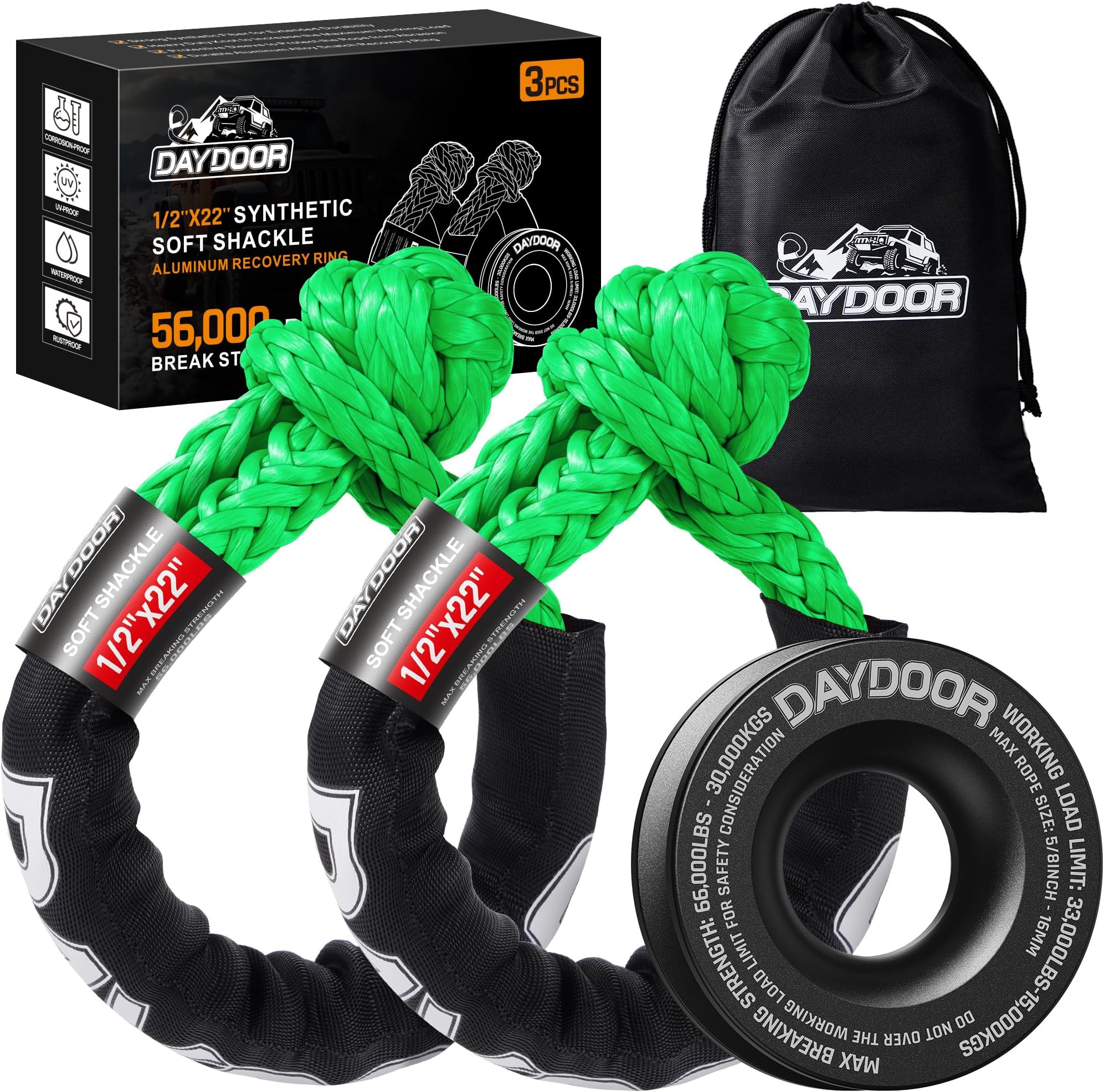 DAYDOOR Synthetic Soft Shackle & Winch Recovery Ring Kit, 2 PCS 1/2'' x 22'' Recovery Soft Shackle(56,000Lbs Breaking Strength), 1 PCS Snatch Recovery Ring for ATV UTV Off-Road Vehicles(Black Ring)