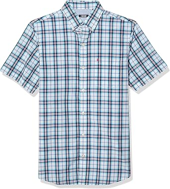blue plaid short sleeve button up