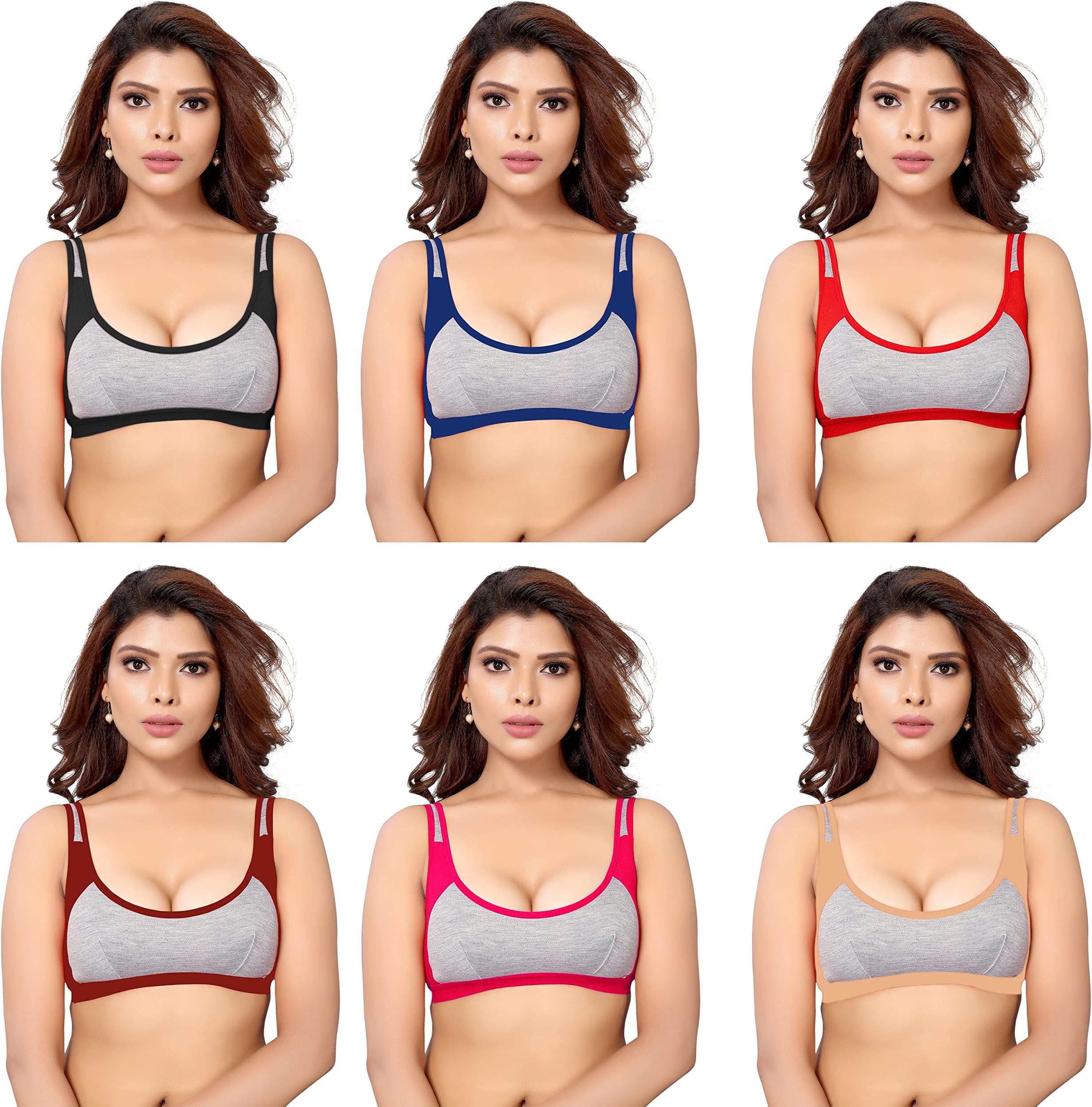 GROPOZ Women's Cotton Non Padded Daily Workout Sports Gym Bra Combo- Pack of 6