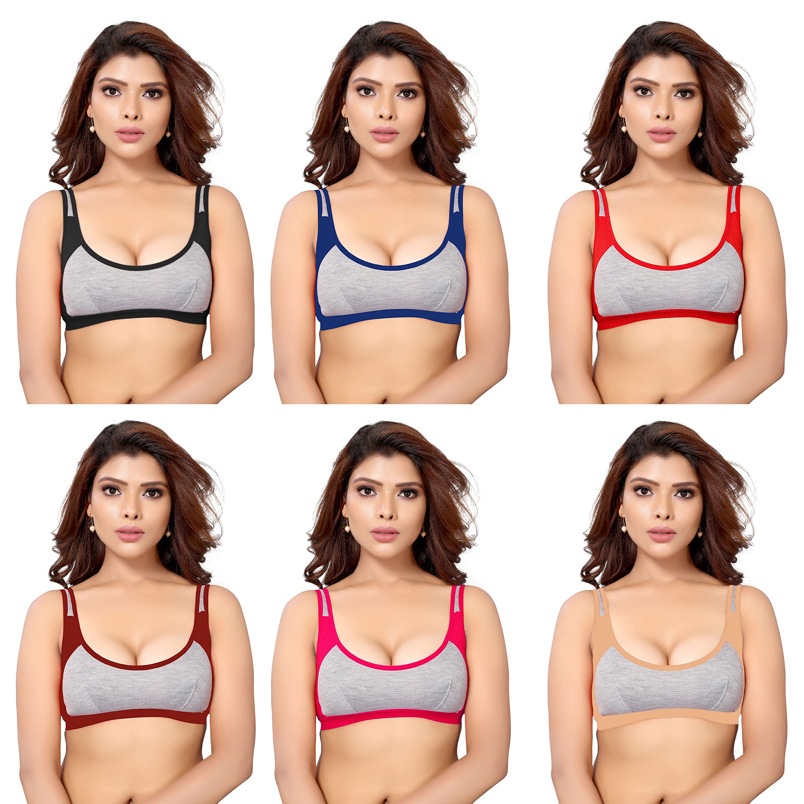 GROPOZ Women's Cotton Non Padded Daily Workout Sports Gym Bra Combo- Pack of 6